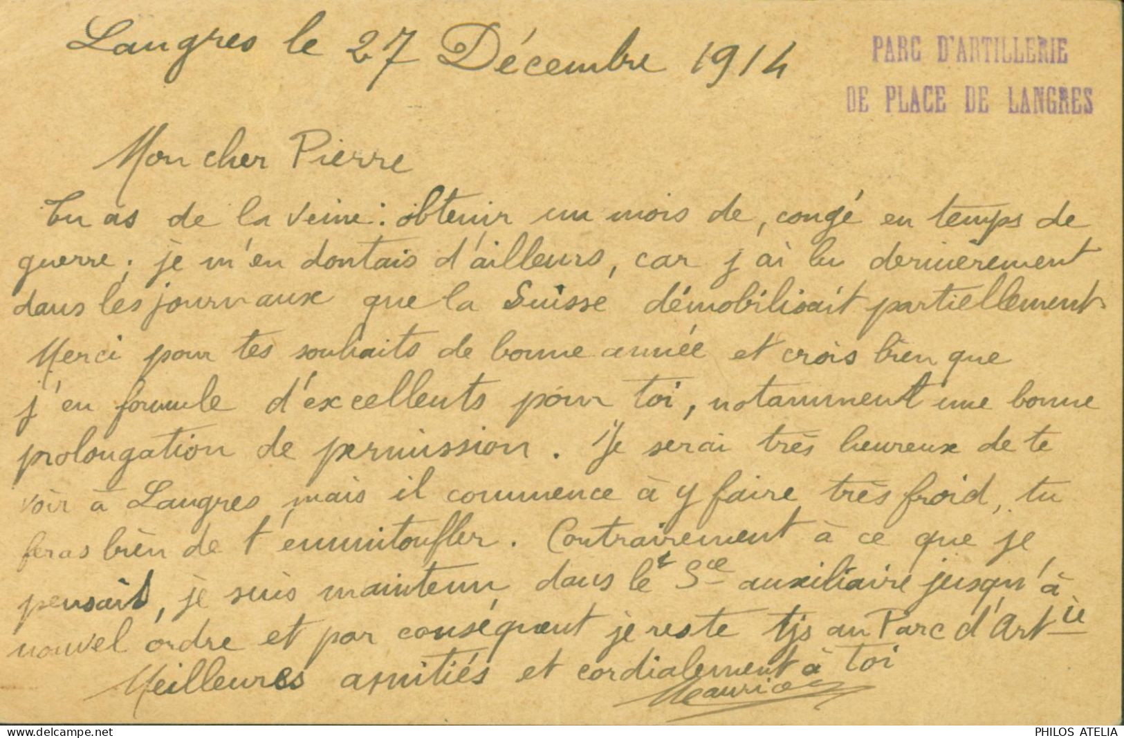 Guerre 14 CP Carte Postale Réponse Franchise Militaire 52 Cachet Parc D'artillerie De Place De Langres - Guerre De 1914-18