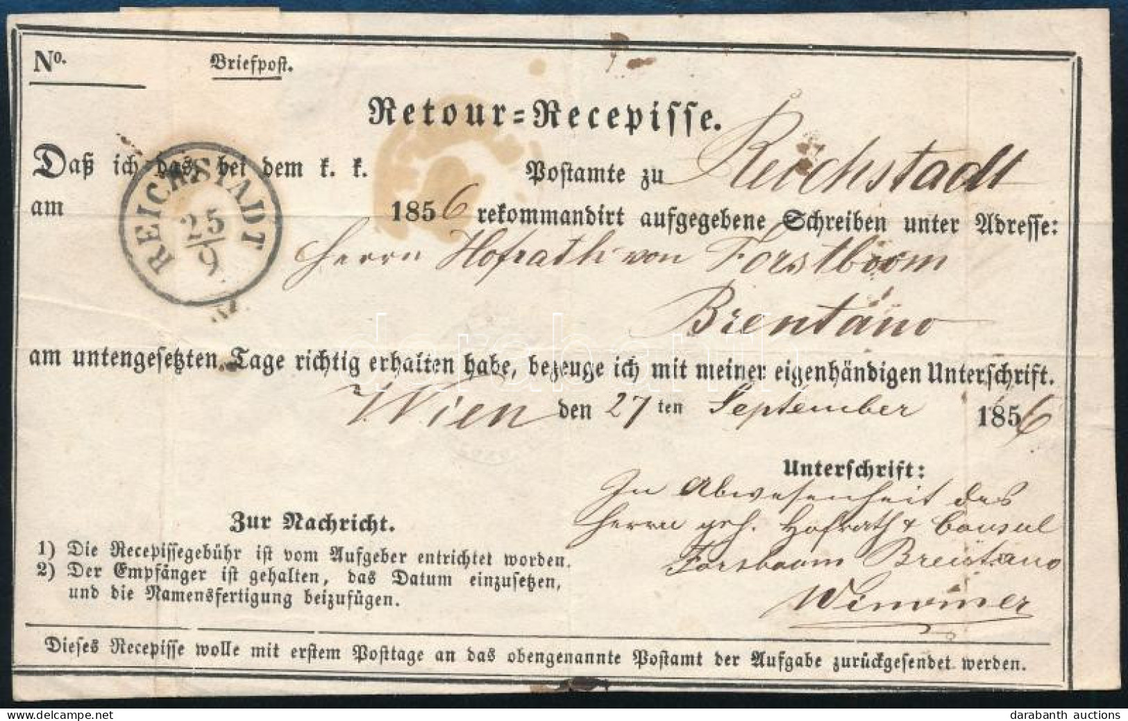 Ausztria 1856 Reichstadtból Bécsbe Küldött Ajánlott Levél Tértivevénye 6kr Bérmentesítéssel - Autres & Non Classés