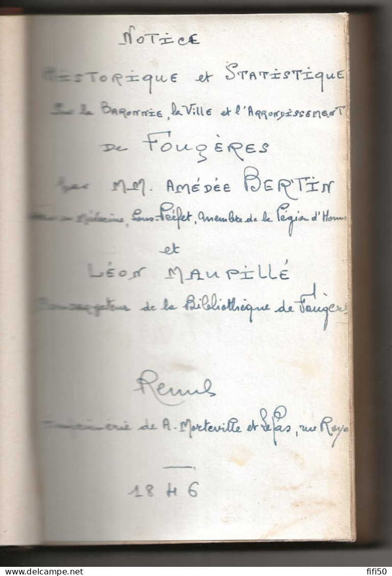 Rare NOTICE HISTORIQUE & STATISTIQUE SUR LA BARONNIE LA VILLE L'ARRONDISSEMENT DE FOUGERES A BERTIN & L MAUPILLE 1846 - Bretagne