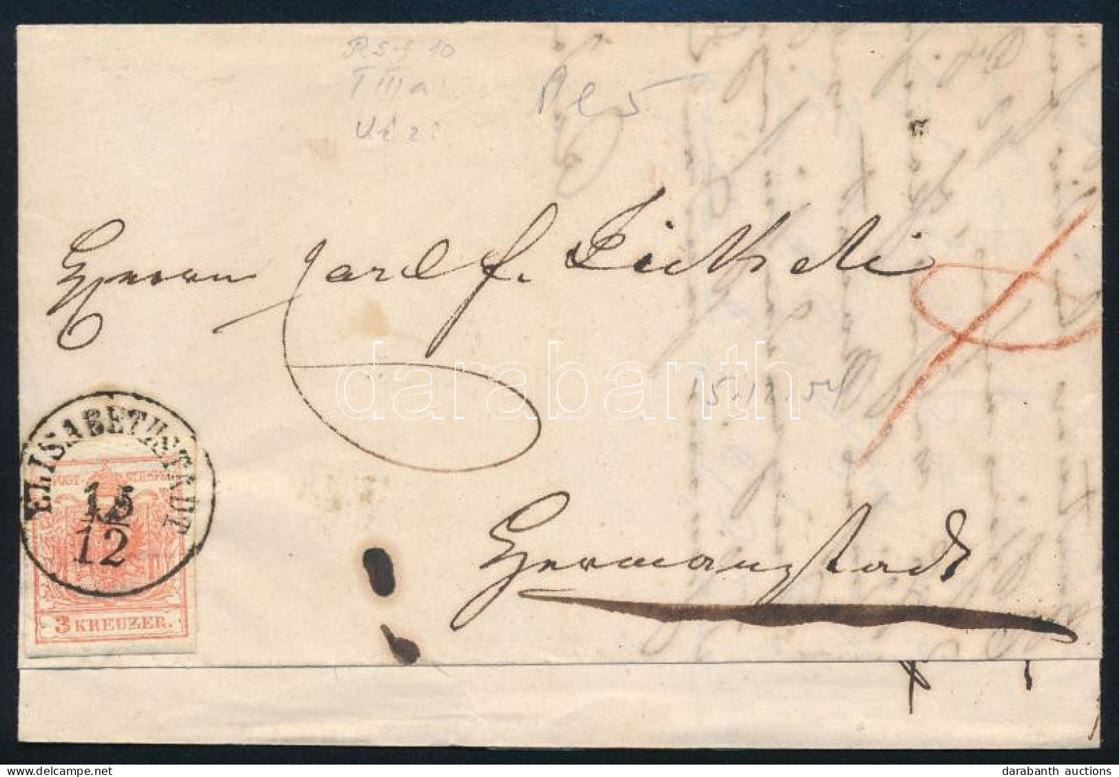 1854 3kr Levélen / On Cover "ELISABETHSTADT" - Altri & Non Classificati