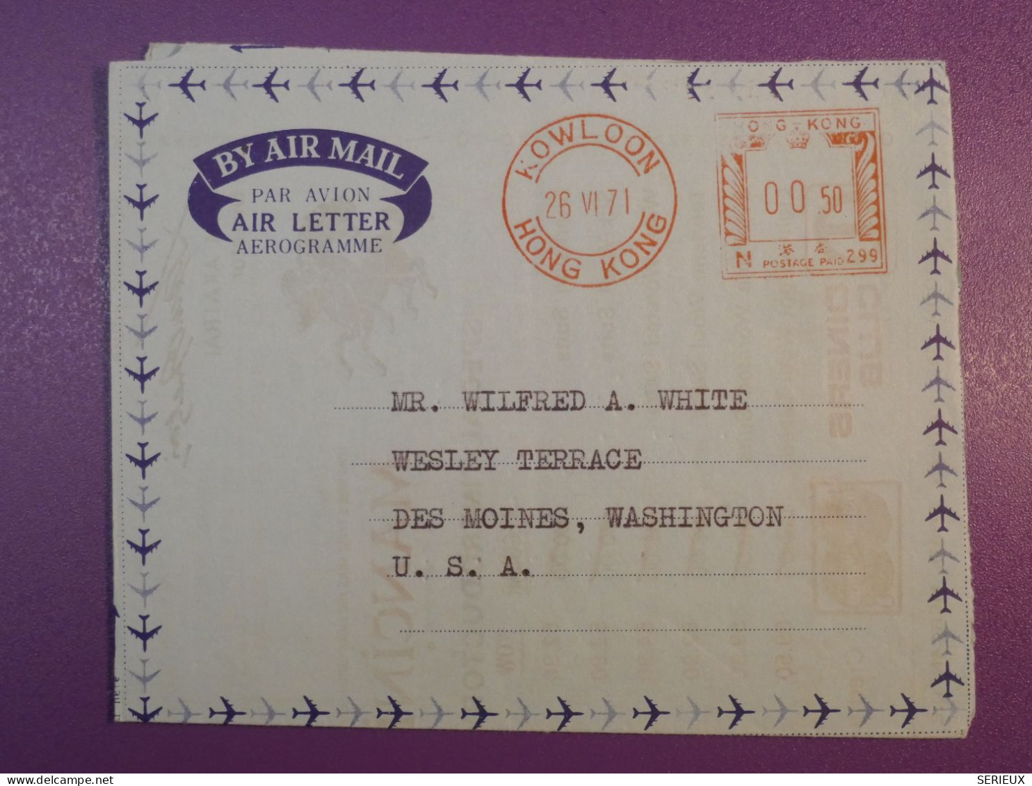 DG6 HONG KONG    BELLE LETTRE AEROGRAMME .AIR LETTER  ENV. 1971 DES MOINES USA +  AFF. INTERESSANT+ + - Covers & Documents