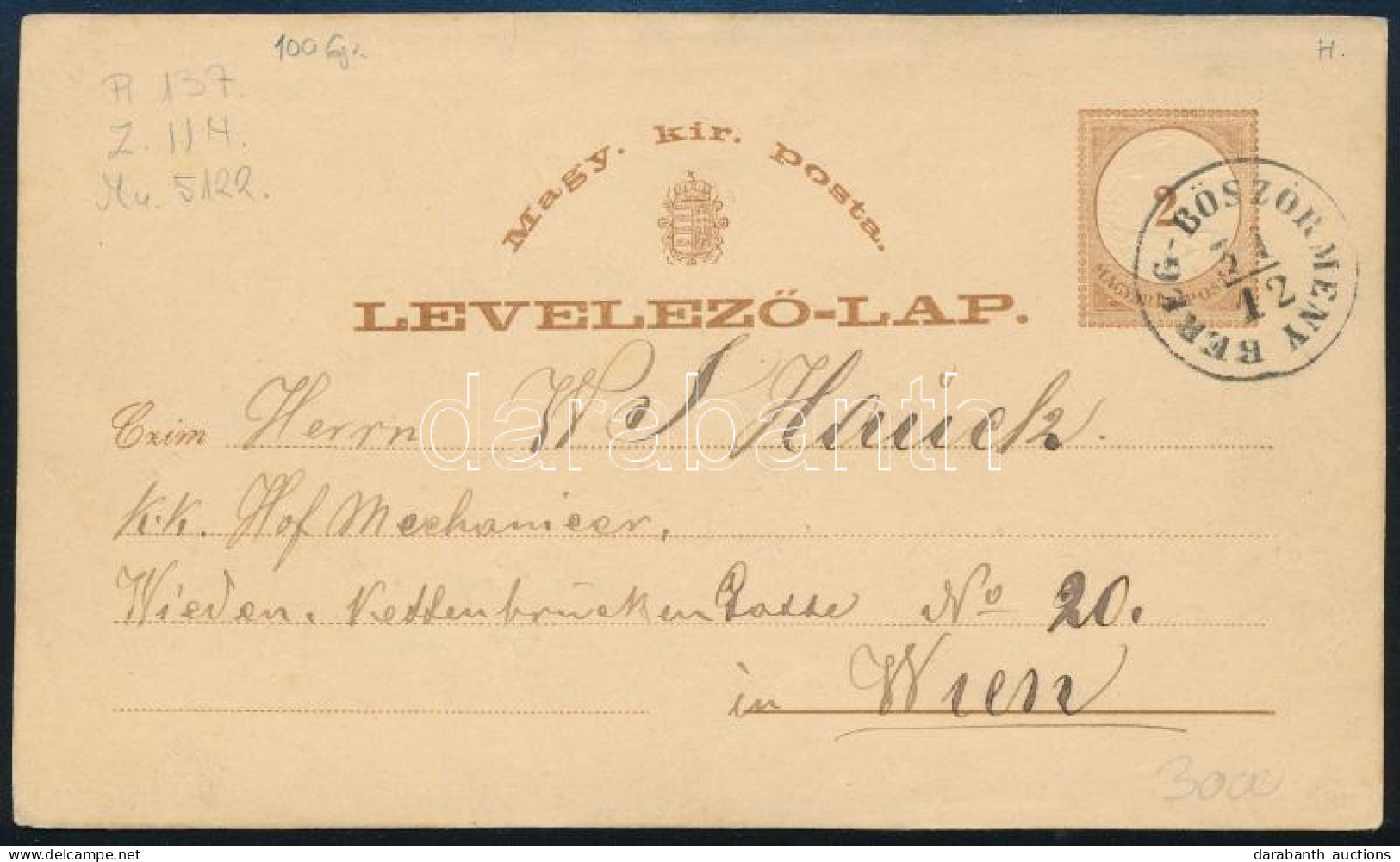 1876 2kr Díjjegyes Levelezőlap "BEREG-BÖSZÖRMÉNY" - Wien - Sonstige & Ohne Zuordnung