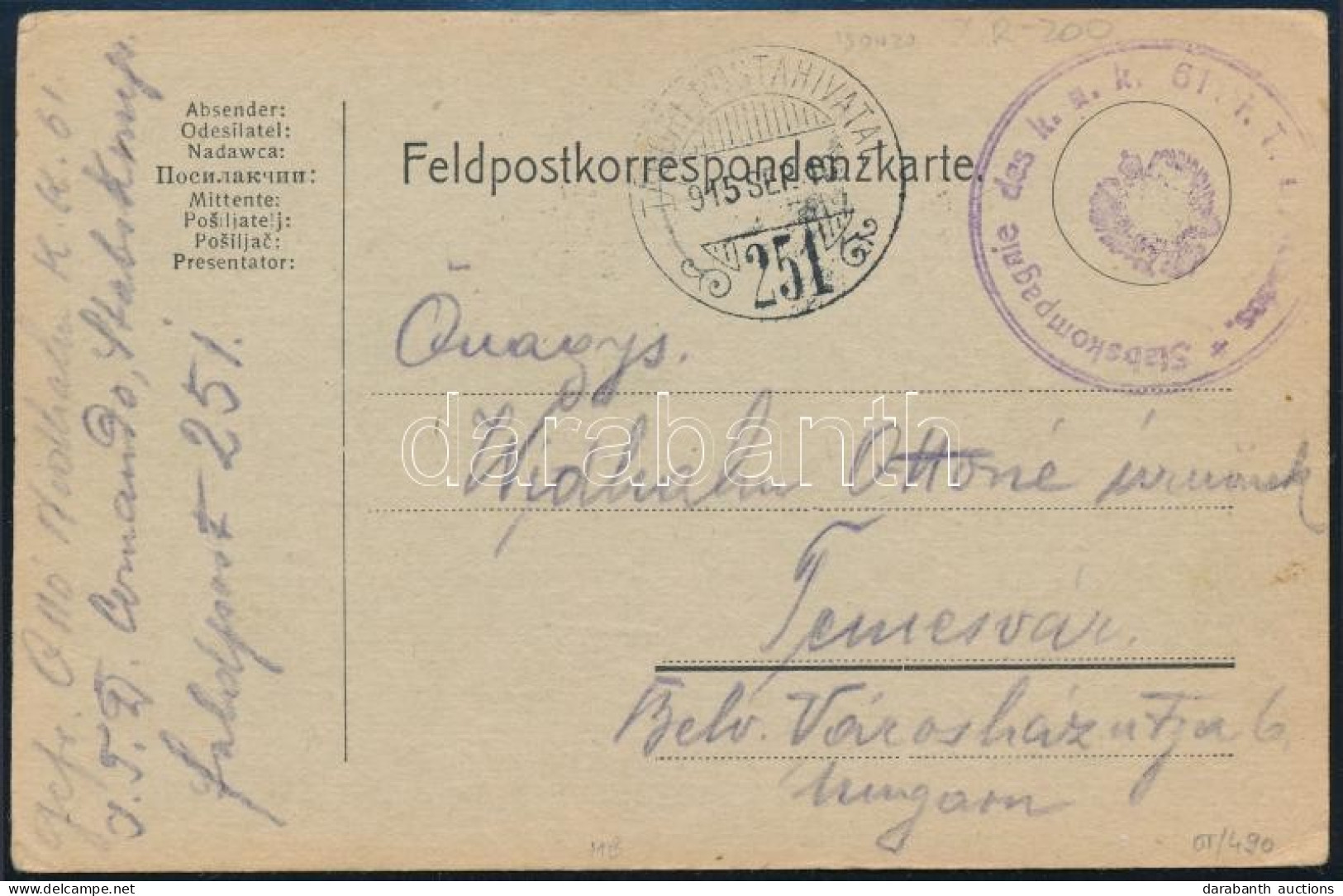 1915 Tábori Posta Levelezőlap / Field Postcard "Stabskompagnie Des K.u.k. 61. I.T.D." + "TP 251" - Altri & Non Classificati