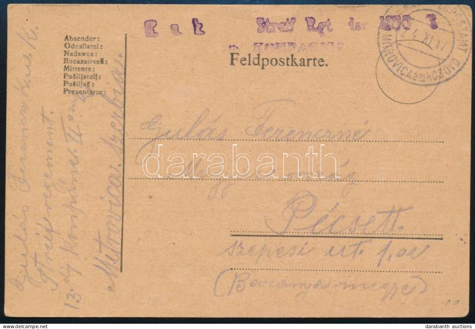 1917 Tábori Posta Levelezőlap "MITROVICA Am KOSOVO" - Autres & Non Classés