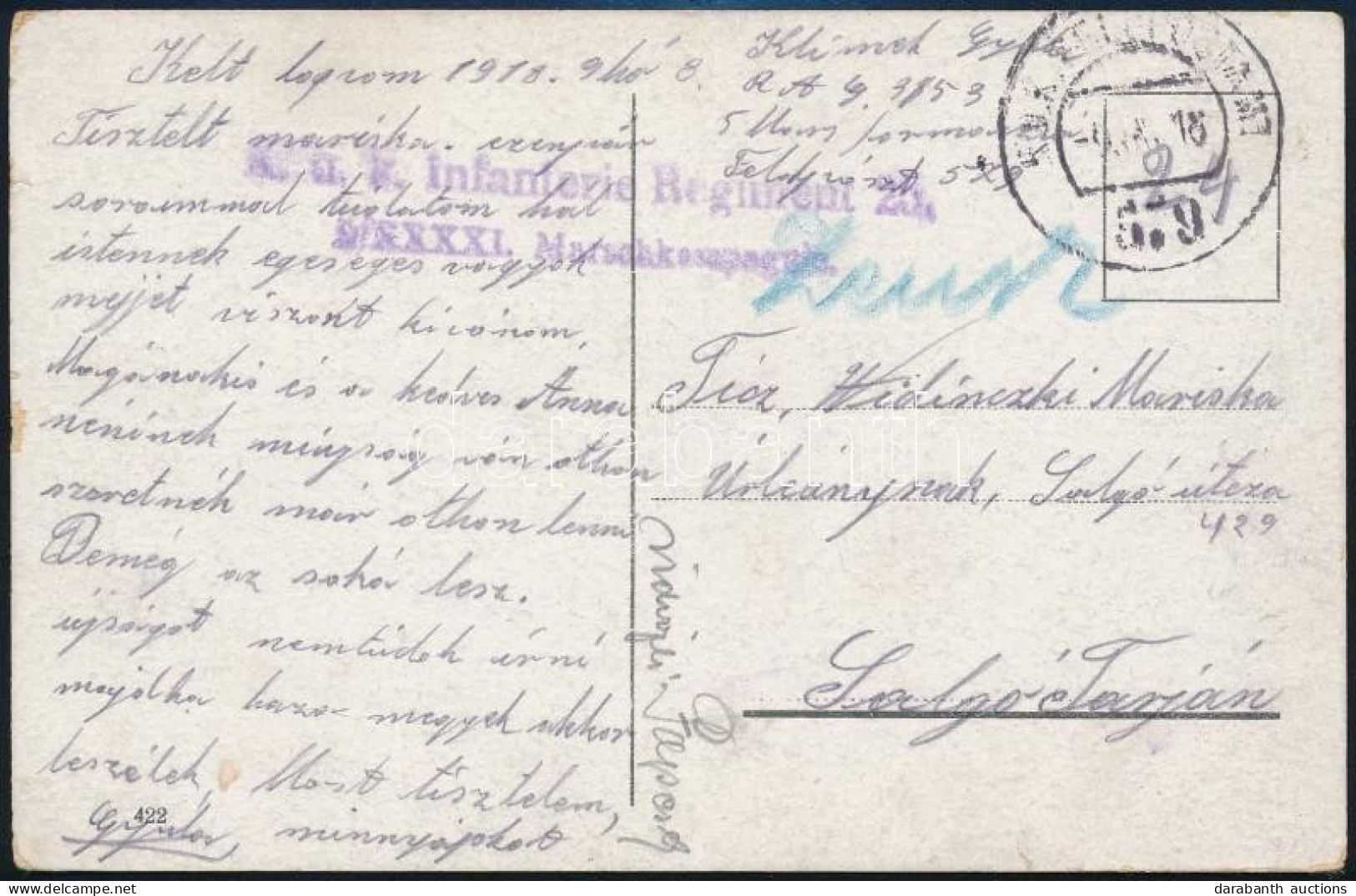 1918 Tábori Posta Képeslap "K.u.k. Infanterie Regiment 20." + "FP 579" - Sonstige & Ohne Zuordnung