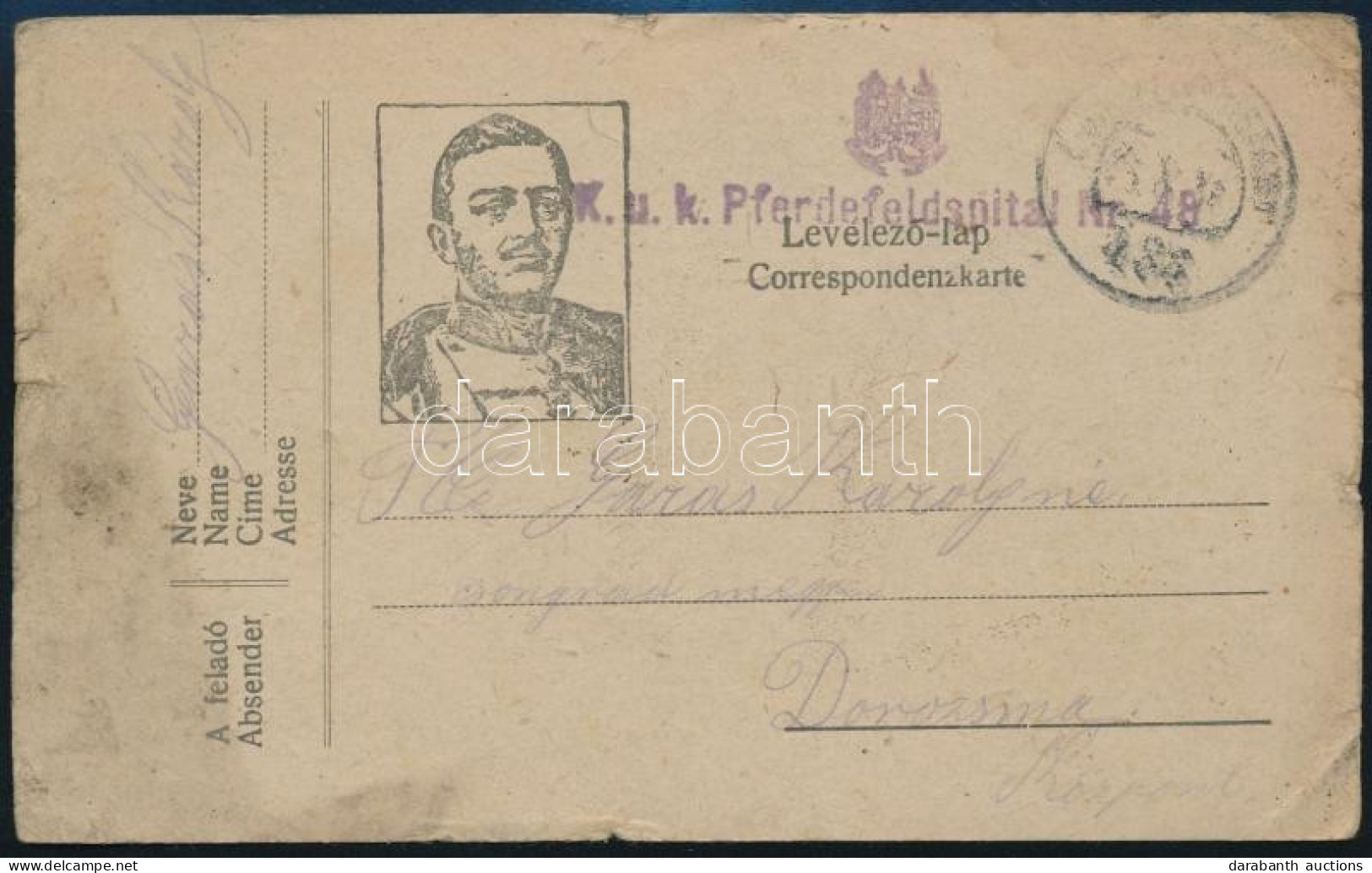 1918 Tábori Posta Levelezőlap "K.u.k. Pferdefeldspital Nr. 48." - Otros & Sin Clasificación