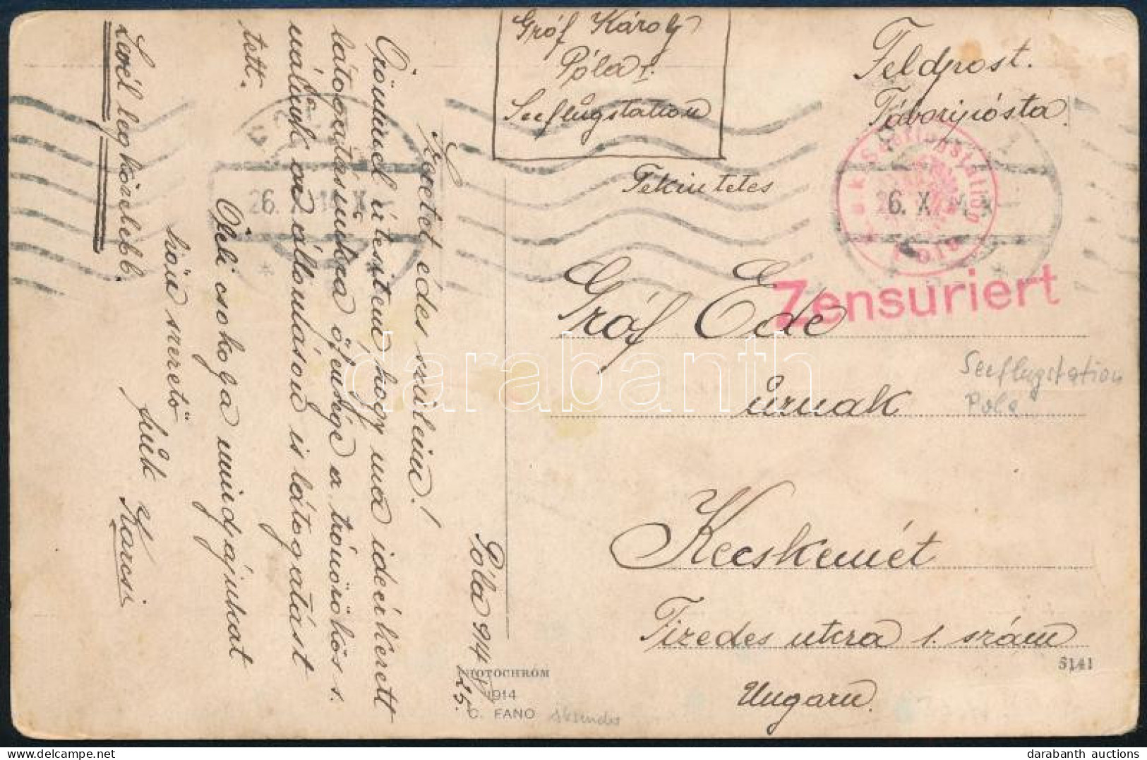 1914 Tábori Posta Képeslap "K.u.k. Seeflugstation Pola" - Other & Unclassified