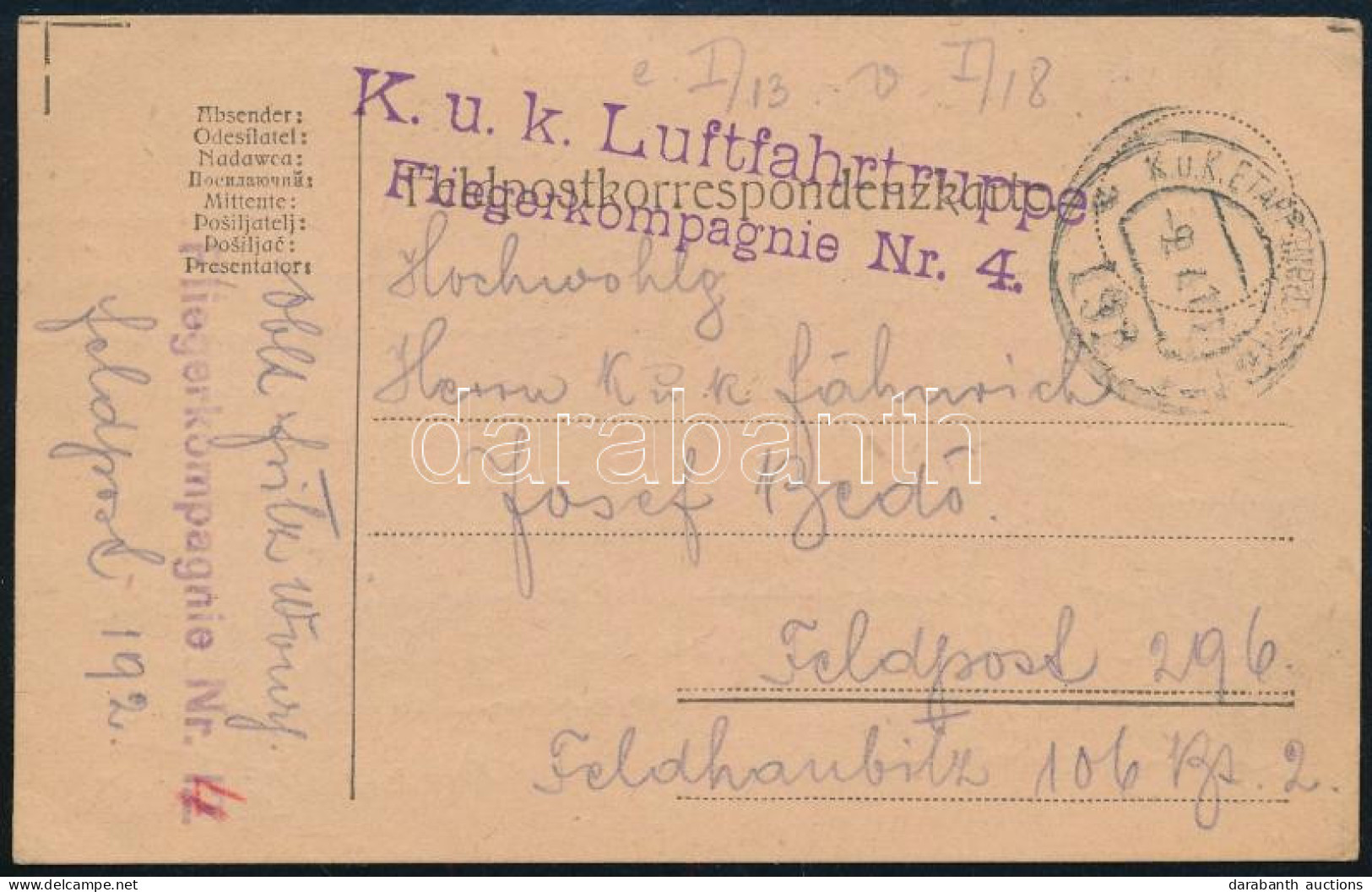 1917 Tábori Posta Levelezőlap / Field Postcard "EP 192 A" + "K.u.K. LUFTFAHRTRUPPEN / FLIEGERKOMPAGNIE Nr. 4" - Andere & Zonder Classificatie