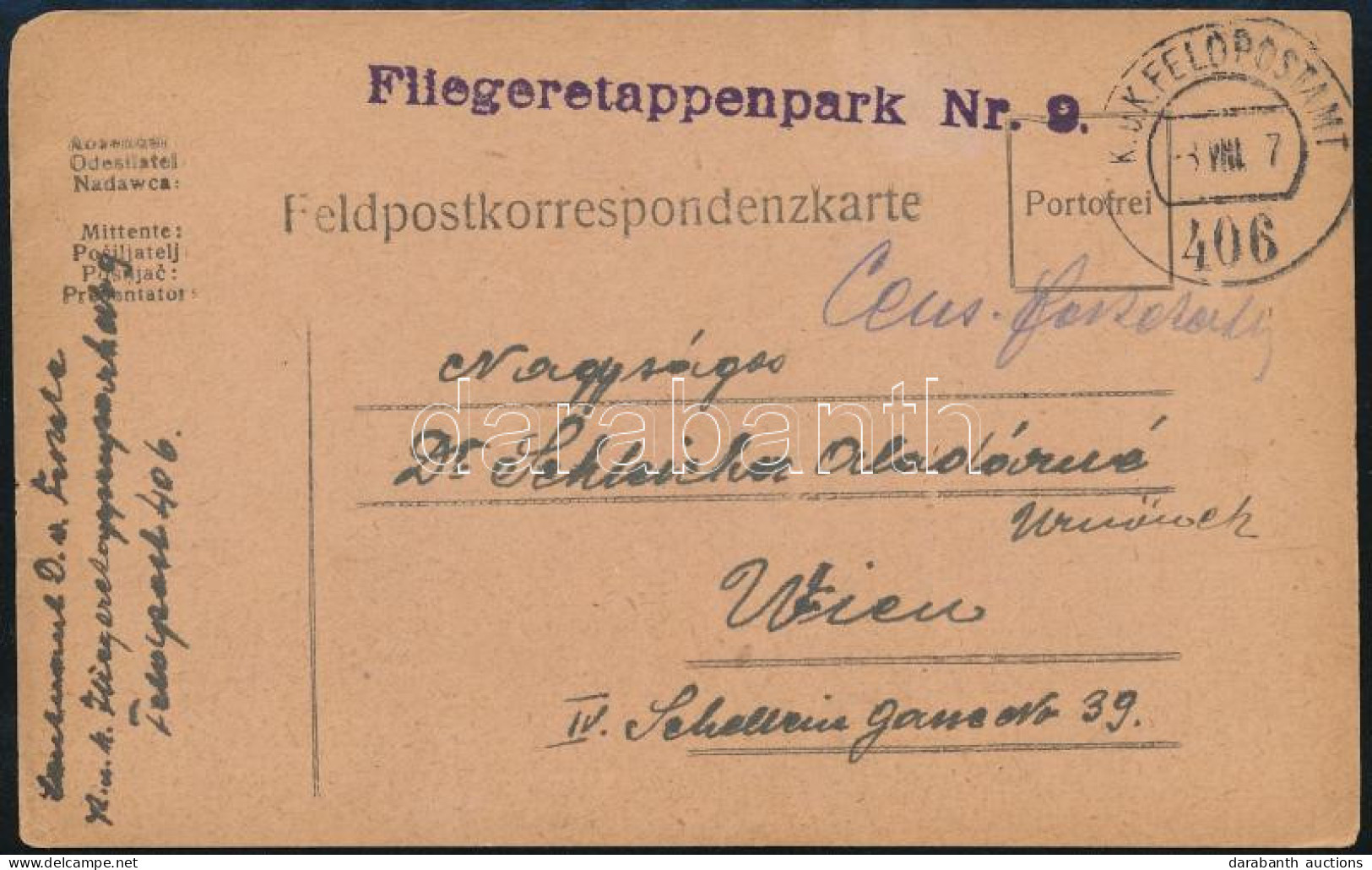 1917 Tábori Posta Levelezőlap "K.u.K. FELDPOSTAMT 406" + "Fliegeretappenpark Nr. 9." - Sonstige & Ohne Zuordnung