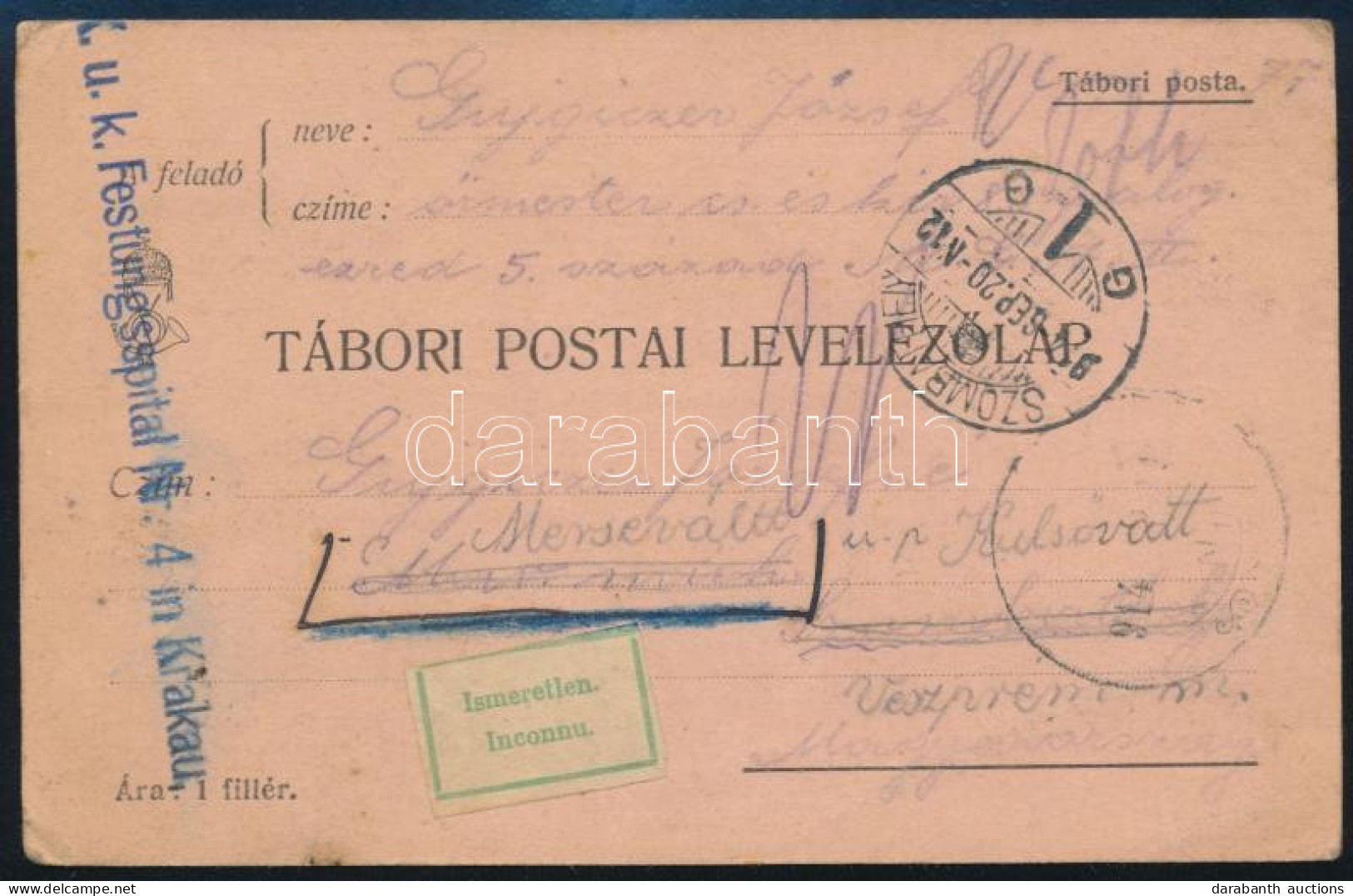 1914 Tábori Posta Levelezőlap "K.u.k. Festungsspital Nr. 4 In Krakau" , "Ismeretlen" Jelzéssel - Autres & Non Classés