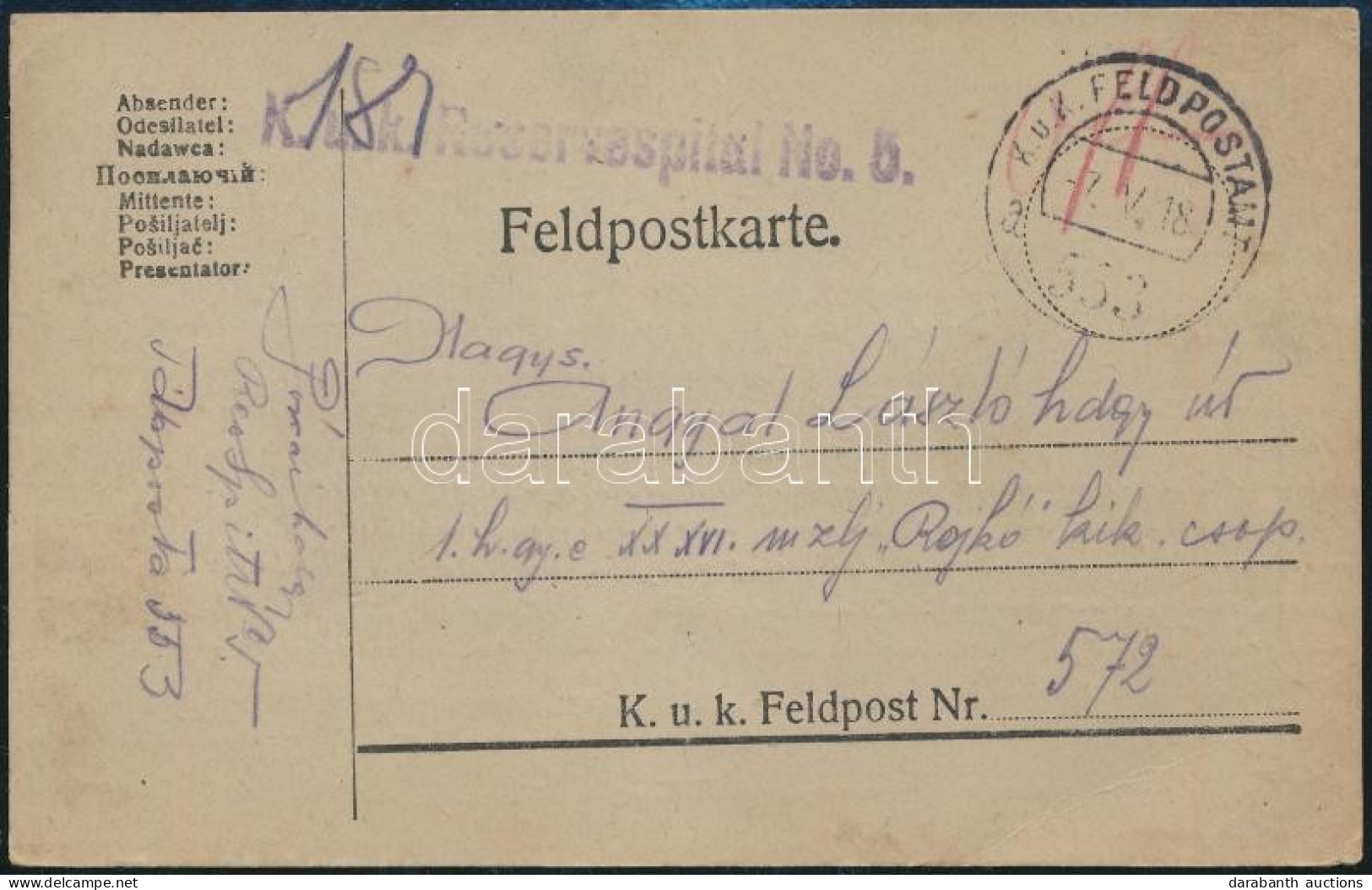 1918 Tábori Posta Levelezőlap / Field Postcard "K.u.k. Reservespital No.5." + "FP 553" - Andere & Zonder Classificatie