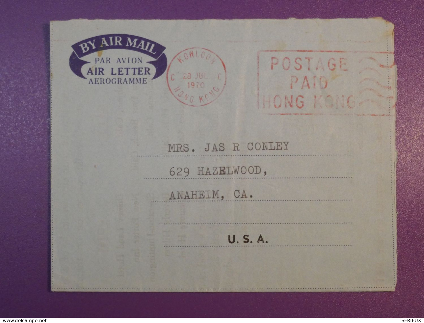 DG6 HONG KONG    BELLE LETTRE AEROGRAMME .AIR LETTER  1970 ANAHEIM USA +  AFF. INTERESSANT+ + - Storia Postale