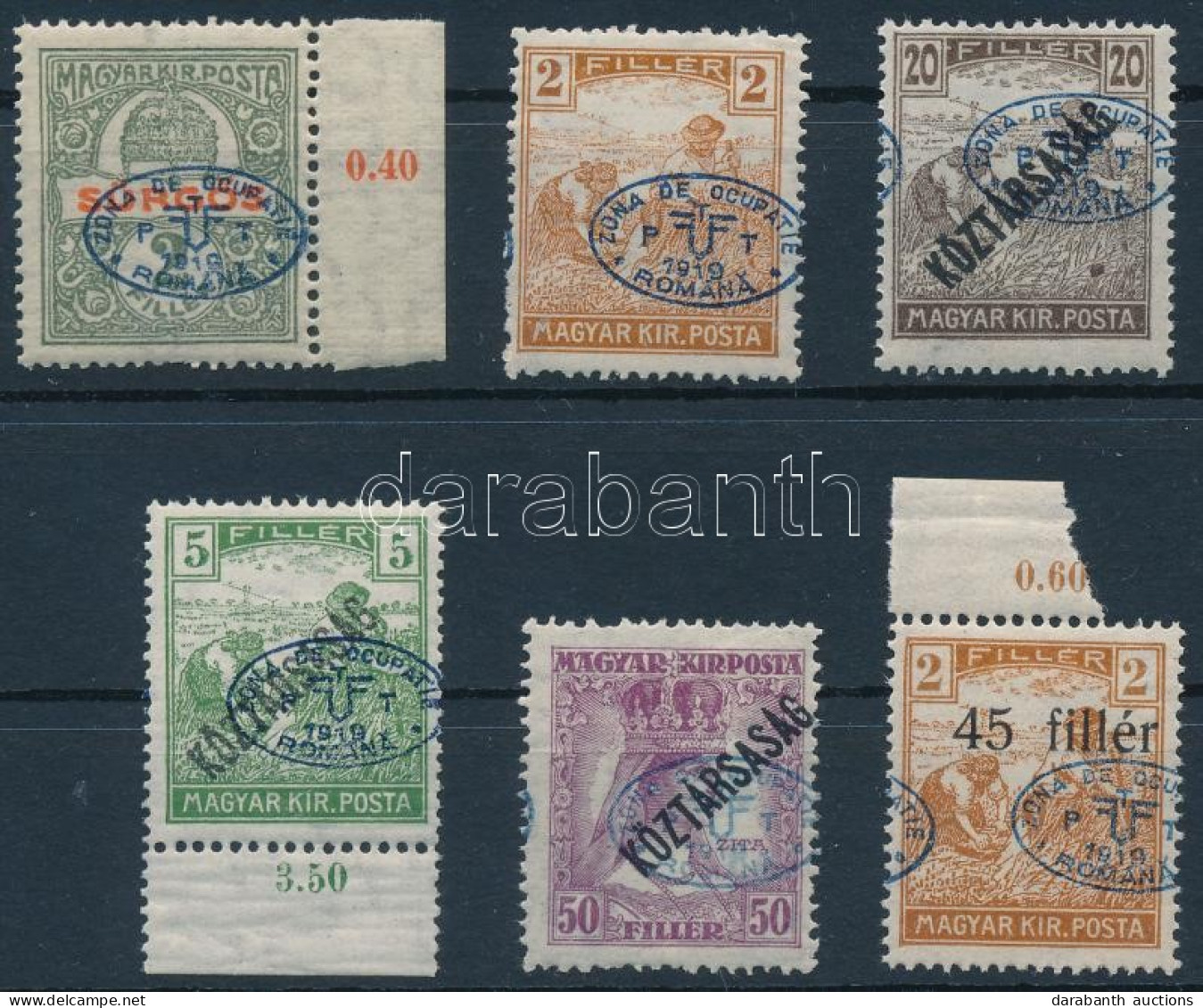 ** Debrecen I. 1919 6 Db Bélyeg Elcsúszott Felülnyomással / 6 Stamps With Shifted Overprint. Signed: Bodor - Sonstige & Ohne Zuordnung