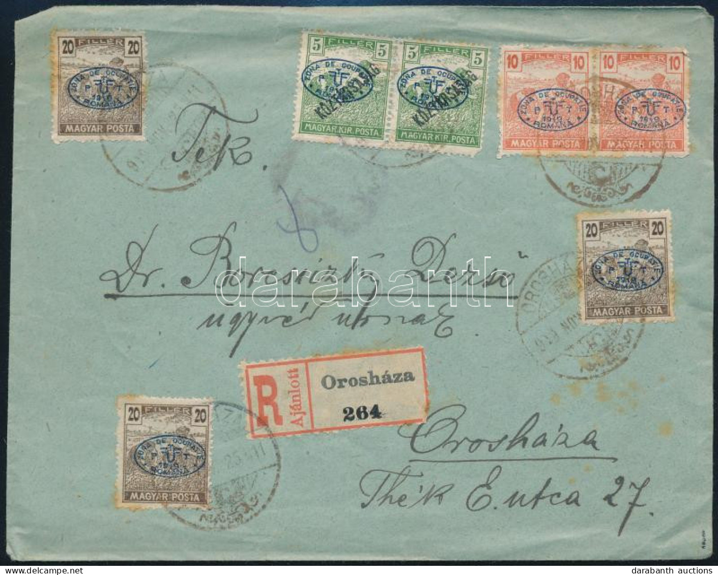 1919 Ajánlott Helyi Orosháza Levél 7 Db Debrecen Bélyeggel, Ritka Felhasználás! / Registered Local Cover With Debrecen S - Other & Unclassified