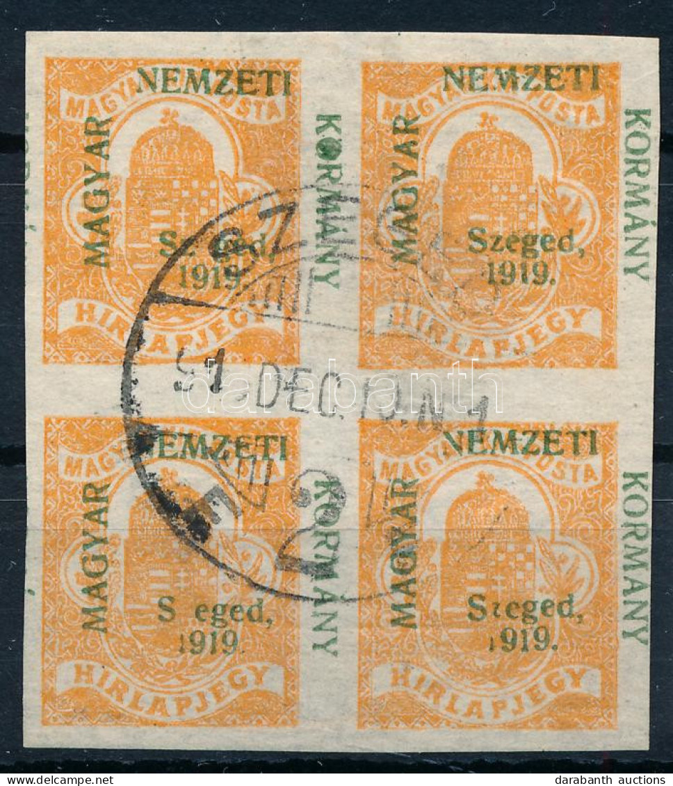 O Szeged 1919 Hírlapbélyeg Négyestömb Betű- és Számhiányokkal: S Eged, 919. / Mi 1 Block Of 4 With Plate Varieties. Sign - Otros & Sin Clasificación