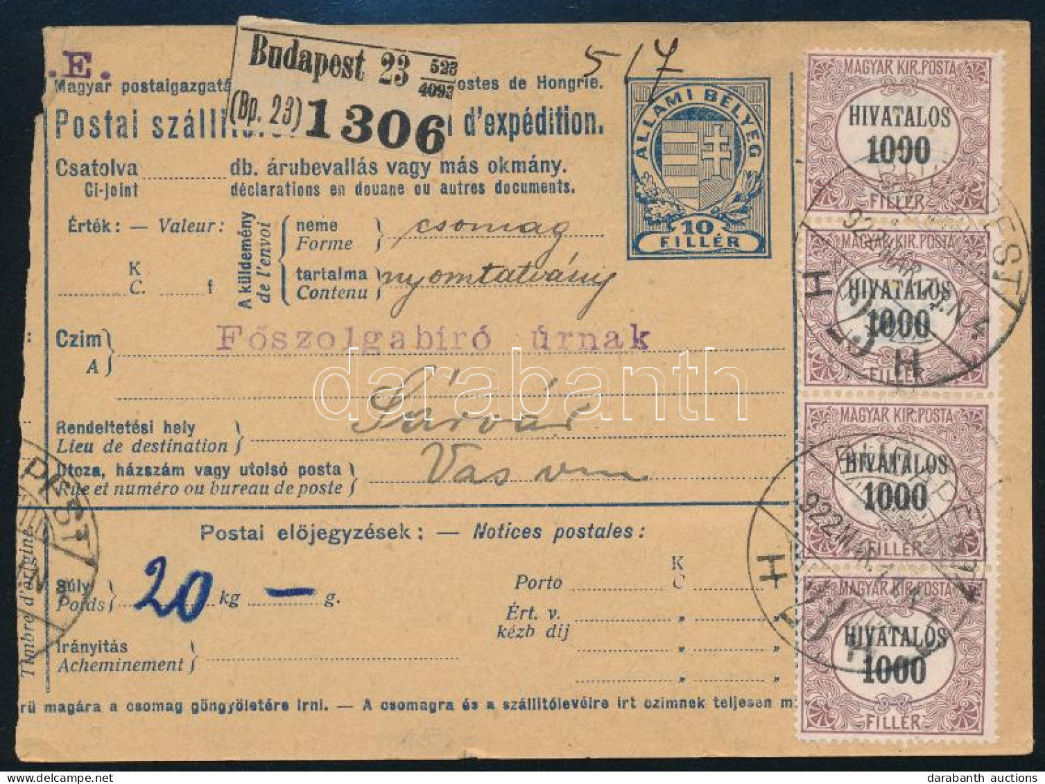 1922 Csomagszállító 9 Db Hivatalos 1000f Bélyeggel / Parcel Card With Official Stamps - Other & Unclassified