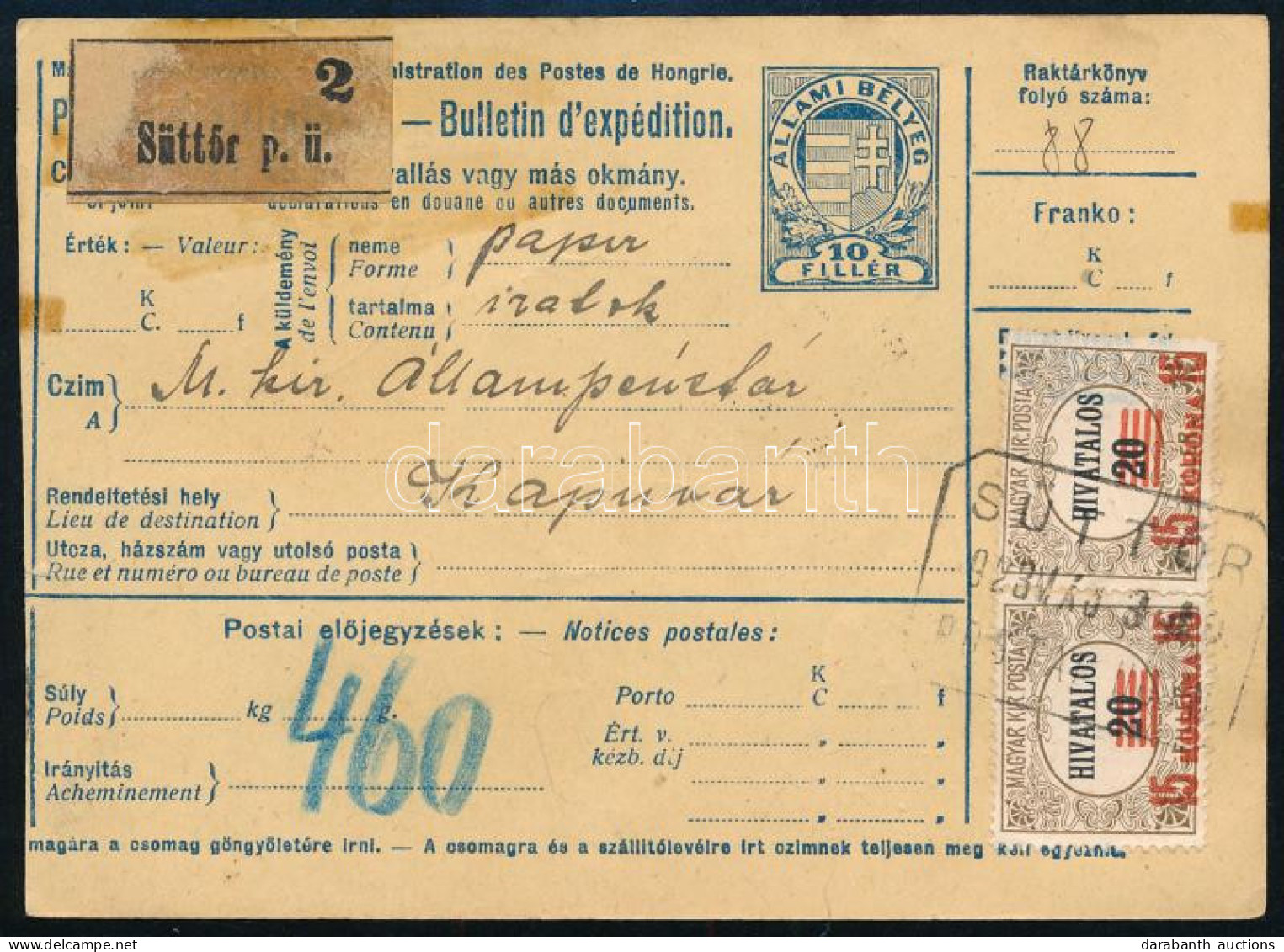 1923 Csomagszállító Hivatalos Bélyeggel és SÜTTÖR Postaügynökségi Bélyegzéssel - Altri & Non Classificati