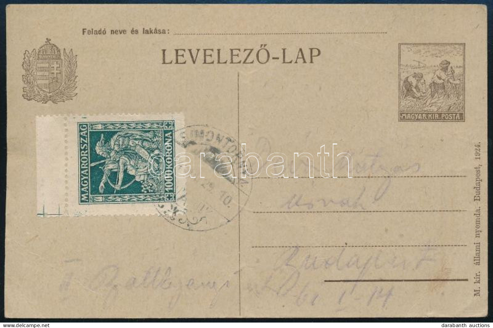 1924 Levelezőlap 1000K Bérmentesítéssel - Other & Unclassified