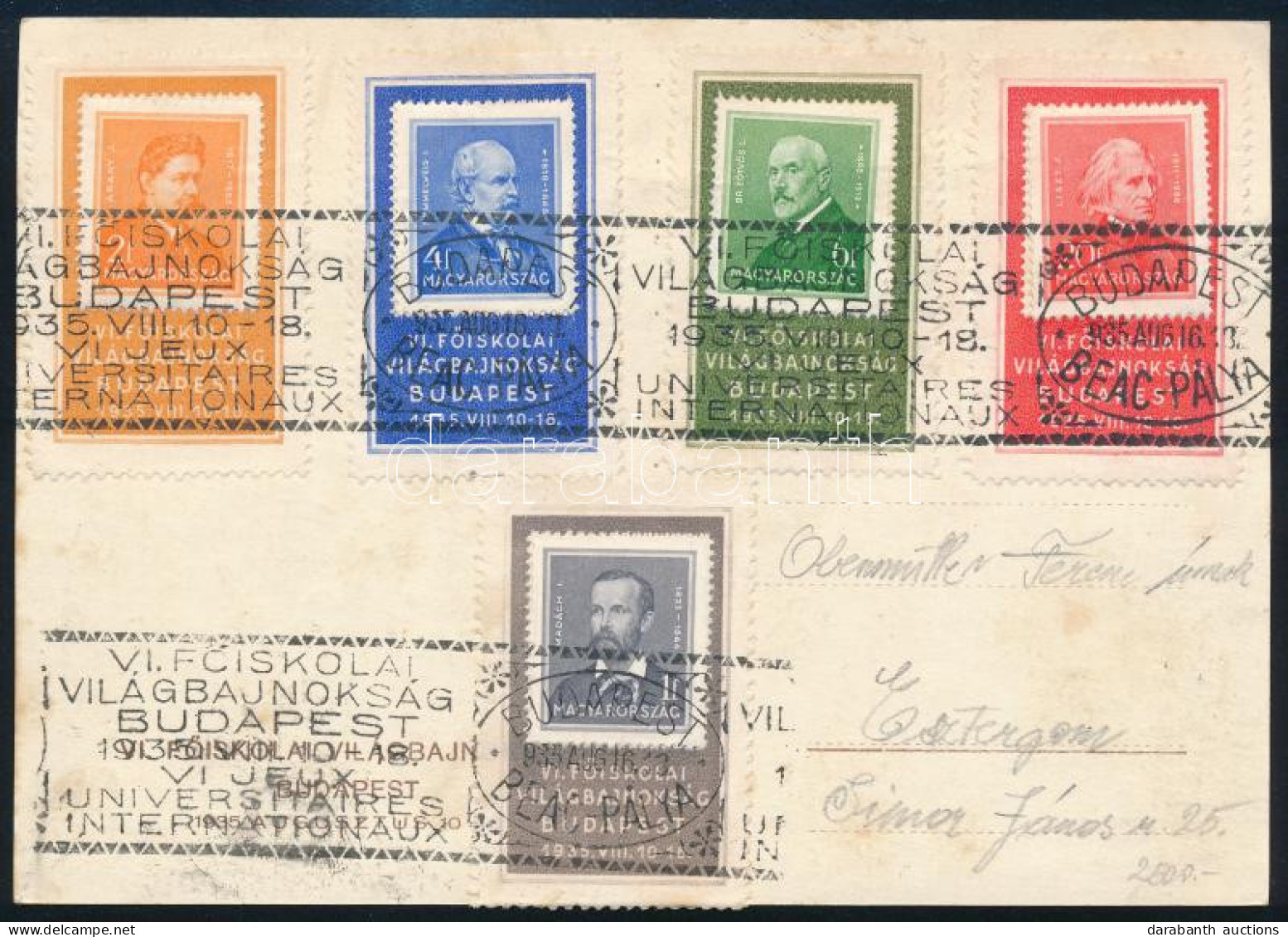 1935 VI. Főiskolai Világbajnokság Budapest 5 Klf Levélzáró Képeslapon Alkalmi Bélyegzéssel / Labels On Postcard With Spe - Other & Unclassified