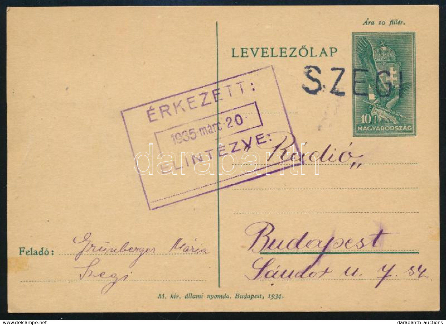 1935 Levelezőlap SZEGI Vasúti Bélyegzéssel / Postcard With Railway Postmark - Otros & Sin Clasificación