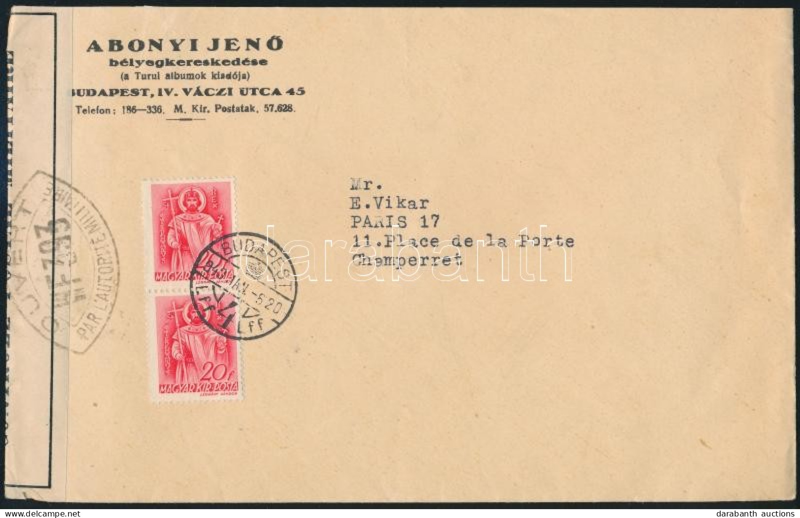 1940 Cenzúrás Levél Párizsba / Censored Cover To Paris - Sonstige & Ohne Zuordnung