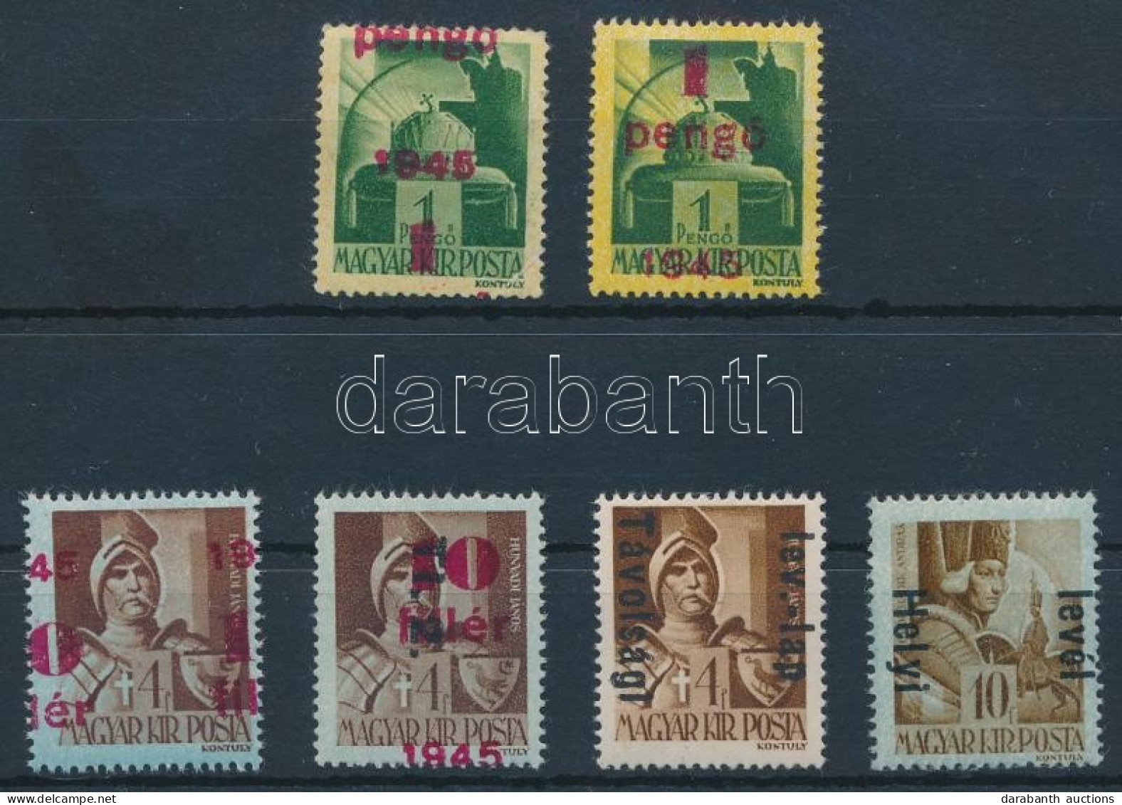 **, * 1945-1946 6 Db Bélyeg Elcsúszott Felülnyomással / 6 Stamps With Shifted Overprint - Autres & Non Classés