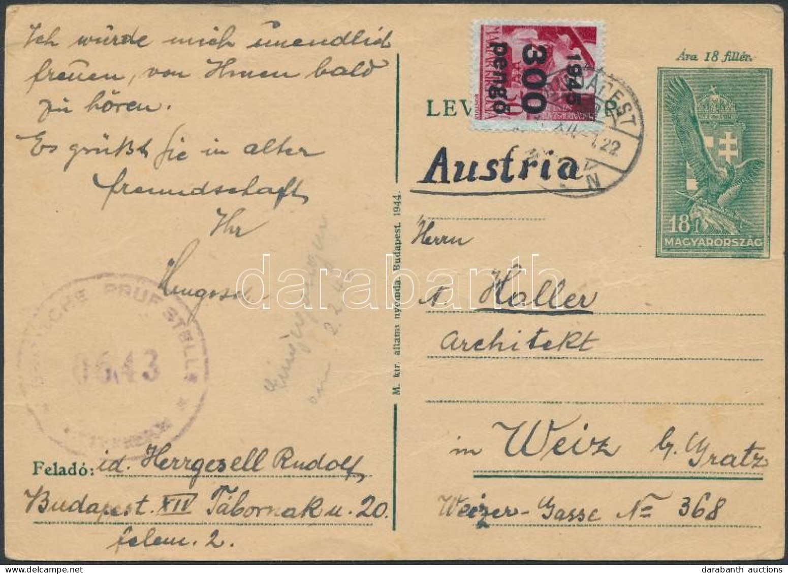 1945 (5. Díjszabás) Levelezőlap Ausztriába Osztrák Cenzúrával / Postcard To Weiz With Austrian Censorship Mark - Sonstige & Ohne Zuordnung