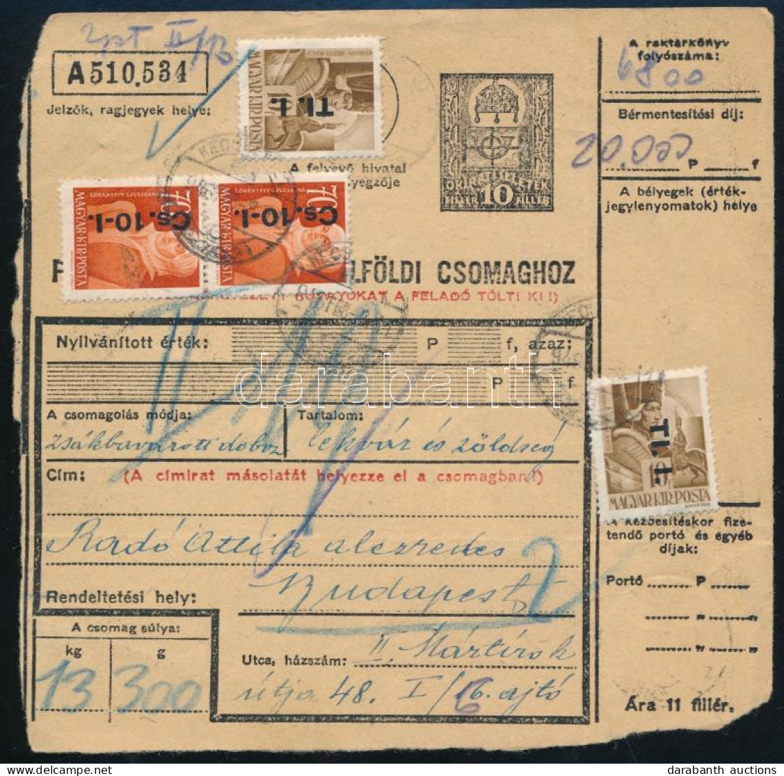 1946 (7. Díjszabás) Csomagszállító 4 Db Bélyeggel és 50P Négyestömb Okmánybélyeggel - Otros & Sin Clasificación