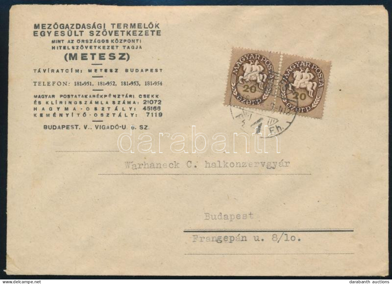 1946 (11. Díjszabás) Budapest Helyi Levél Lovasfutár 20 Ezer P Párral - Sonstige & Ohne Zuordnung