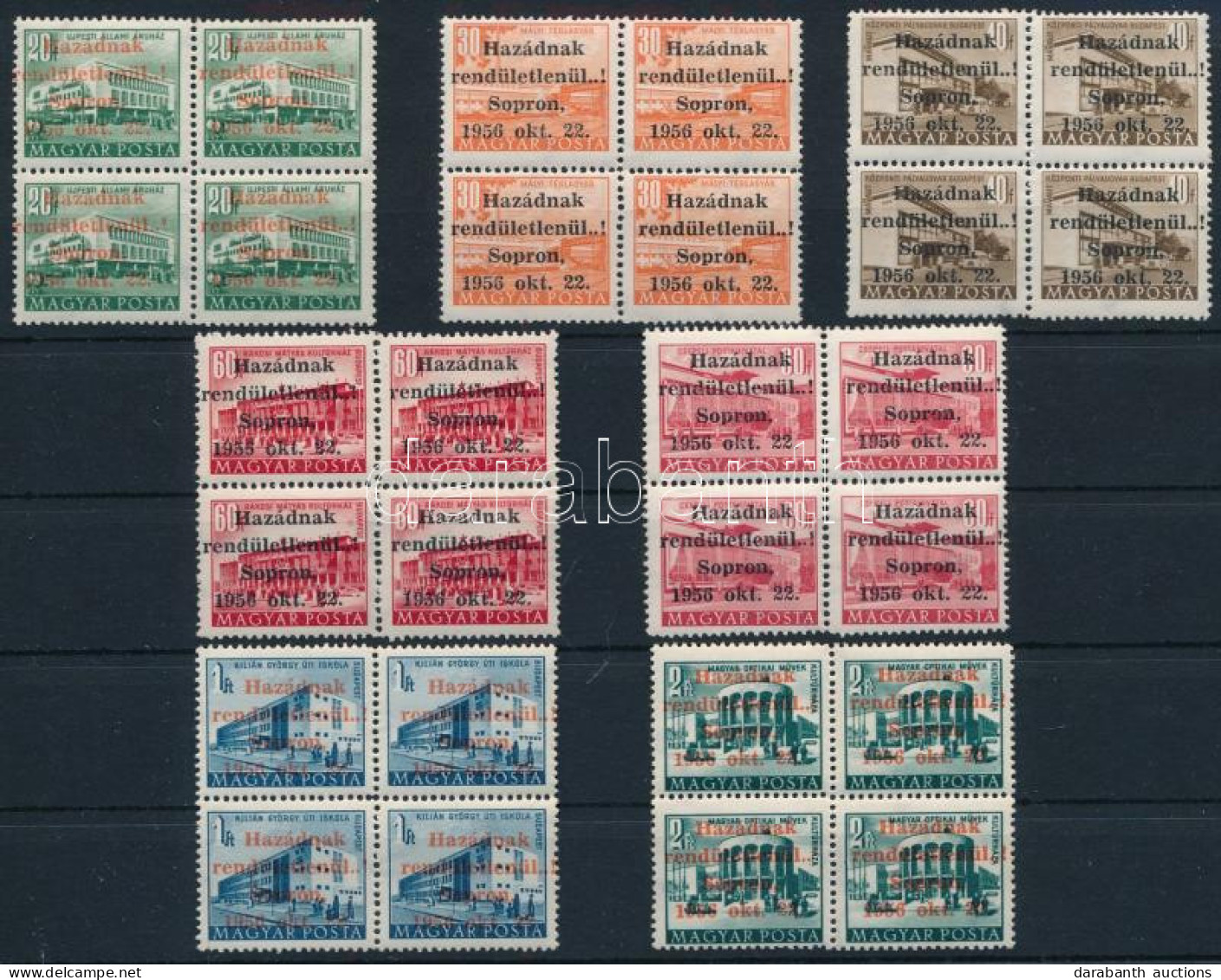 ** 1956 Soproni Kiadás 7 értékes Sor Négyes Tömbökben (44.000) / Sopron Issue 7 Values Short Set, Blocks Of 4 - Other & Unclassified