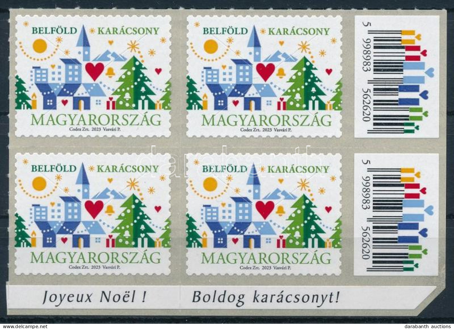 ** 2023 Karácsony öntapadós 4-es Tömb Alul Francia és Magyar "Boldog Karácsonyt!" Felirattal, Jobb Oldalon Két Vonalkódd - Altri & Non Classificati