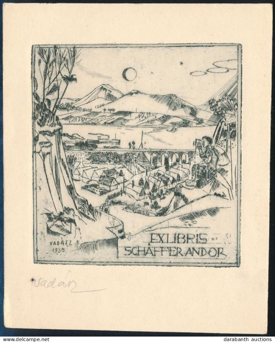 Vadász Endre (1901-1944): Ex Libris Schäffer Andor, Rézkarc, Papír, Jelzett, 9×8,5 Cm - Autres & Non Classés