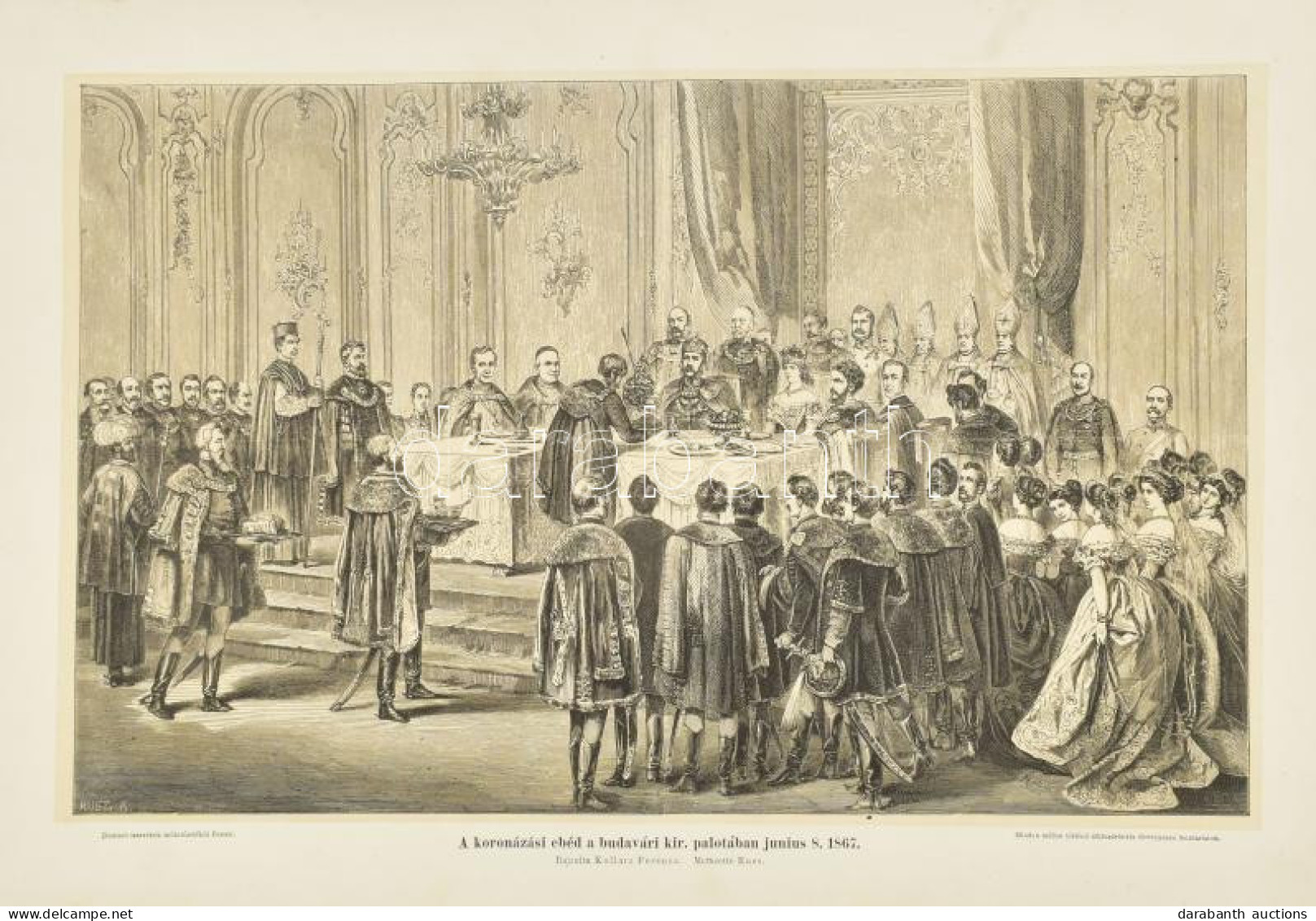 1867 A Koronázási Ebéd Ferenc József és Erzsébet Királynő Részévételével Nagy Méretű Rotációs Fametszet 45x32 Cm - Gravures