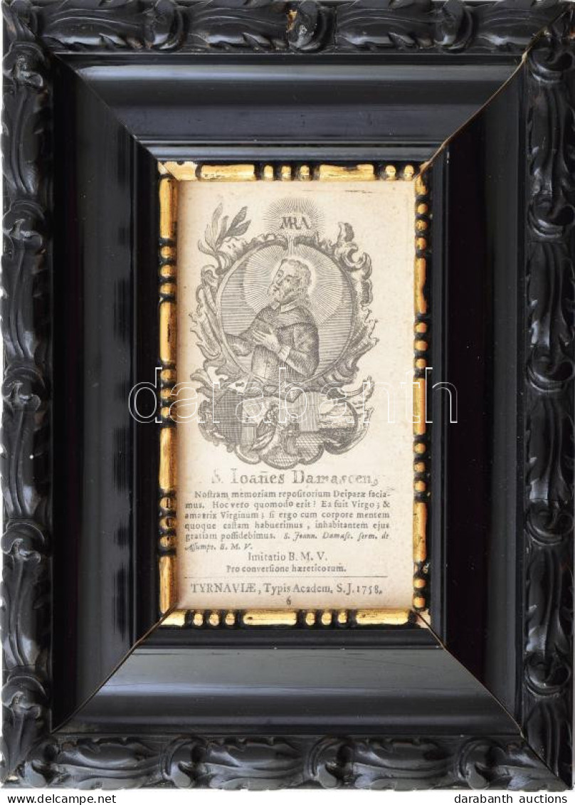Damaszkuszi Szent János (S. Ioanes Damascen), 1758. Rézmetszet, Papír. Typis Academ. S. J. 11,5x7 Cm. Üvegezett Fakeretb - Gravados