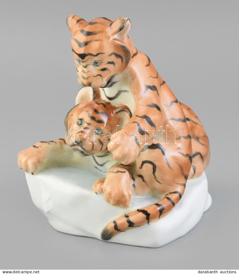 Herendi Tigriskölykök, Kézzel Festett Porcelán, Jelzett, Minimális Kopásokkal, M: 17 Cm - Sonstige & Ohne Zuordnung