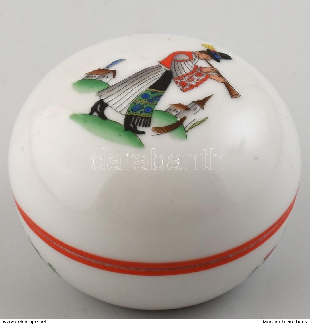 Herendi Népi Mintás Porcelán Dobozka, Kézzel Festett, Jelzett, D: 7,5 Cm - Altri & Non Classificati