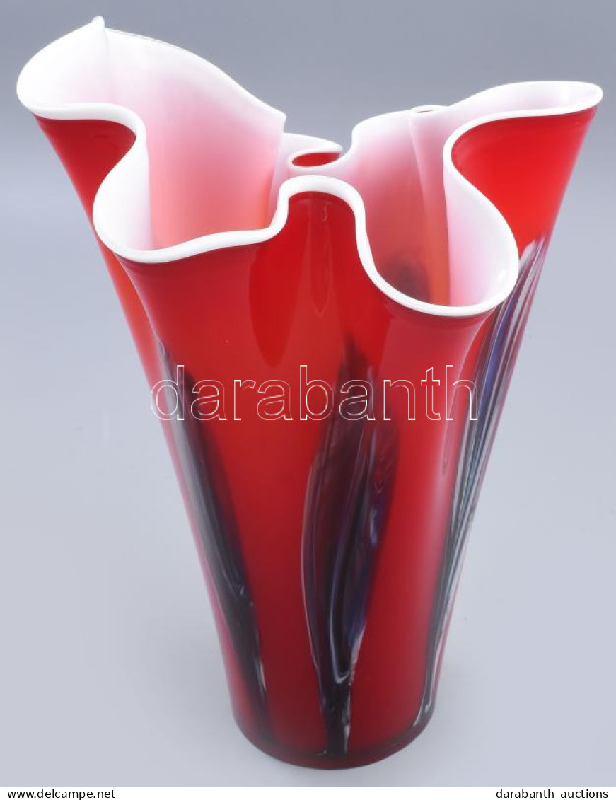 Murano "Fazzoletto" Kétrétegű üvegváza, Cca 1950/60, Jelzés Nélkül, Minimális Kopással, M: 34 Cm - Vidrio & Cristal