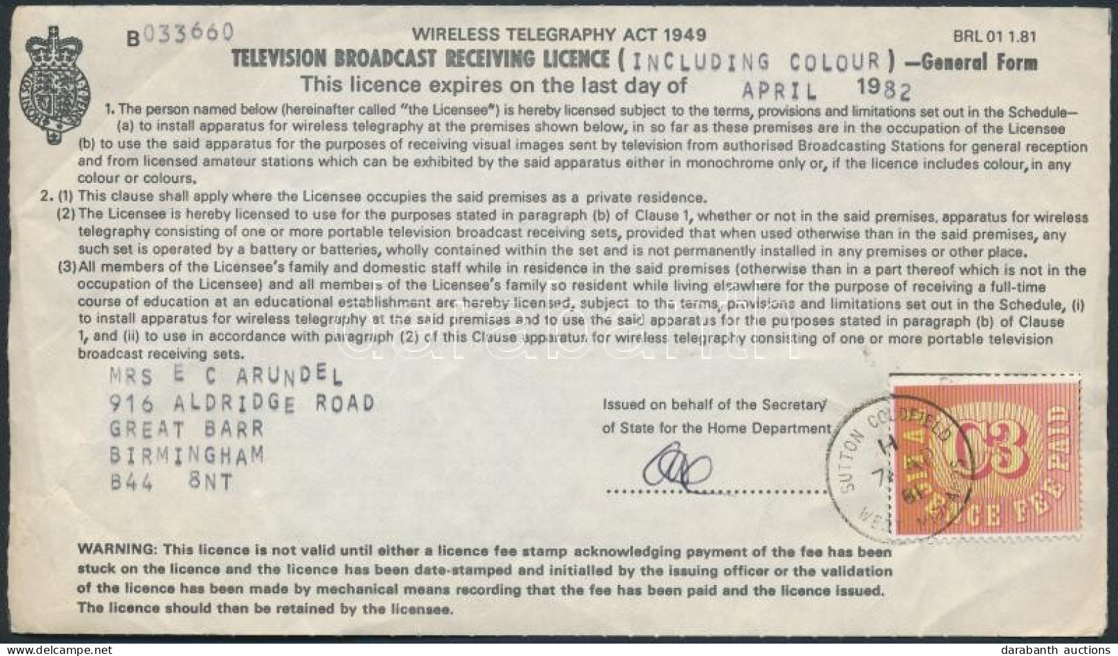 1981 Angol Televízió Vételi Engedély Okmánybélyeggel - Ohne Zuordnung