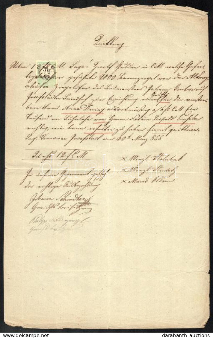 1855 3kr CM Illetékbélyeg Okmányon Temesvár Erdély / 3 Kr Convention Munze Fiscal, In Josefstadt Temesvar (Banat, Rouman - Ohne Zuordnung