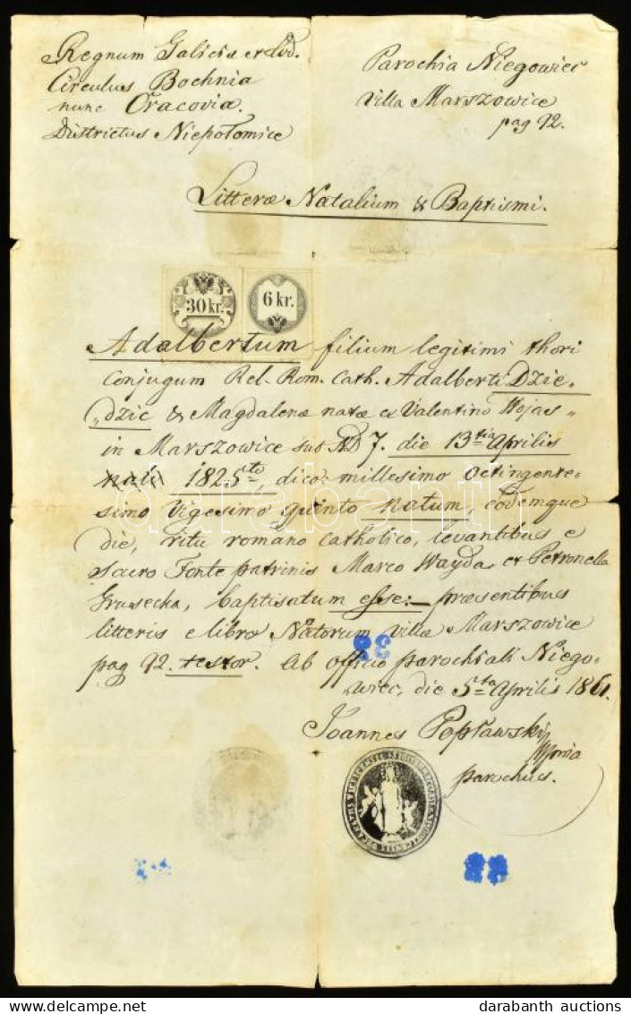 1861-1867 Vegyes Okmány Tétel, Benne Egy Keresztlevél 30 Kr. és 6 Kr Okmánybélyeggel és Egy Nyugta 2 Db 7 Kr. és 1 Db 5  - Non Classés