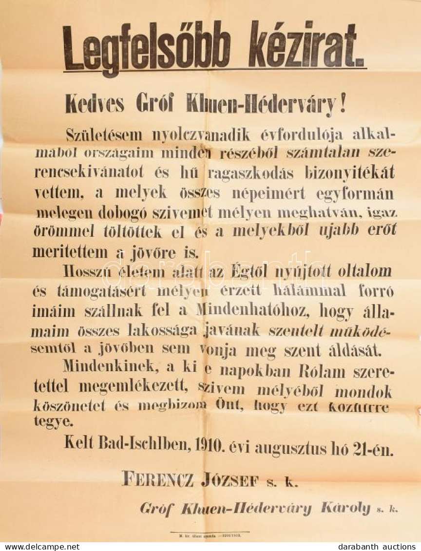 1910 Ferenc József Császár 80. Születésnapja Alkalmából Kifejezett Köszönete Khuen-Héderváry Miniszterelnöknek Címezve,  - Sin Clasificación