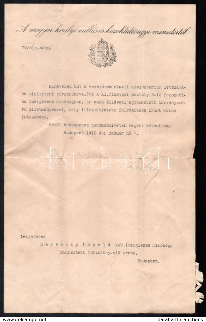 1913 Bp., Gróf Zichy János (1868-1944) Vallás- és Közoktatásügyi Miniszter Autográf Aláírása Kinevezési Okiraton, Felzet - Non Classés