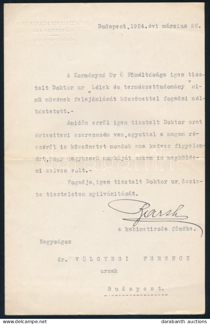 1926 Dr. Völgyesi Ferenc (1895-1967) Orvos, Pszichiáter és Hipnotizőrnek írt Levél Horthy Miklós Kormányzó Kabinetiodája - Sin Clasificación