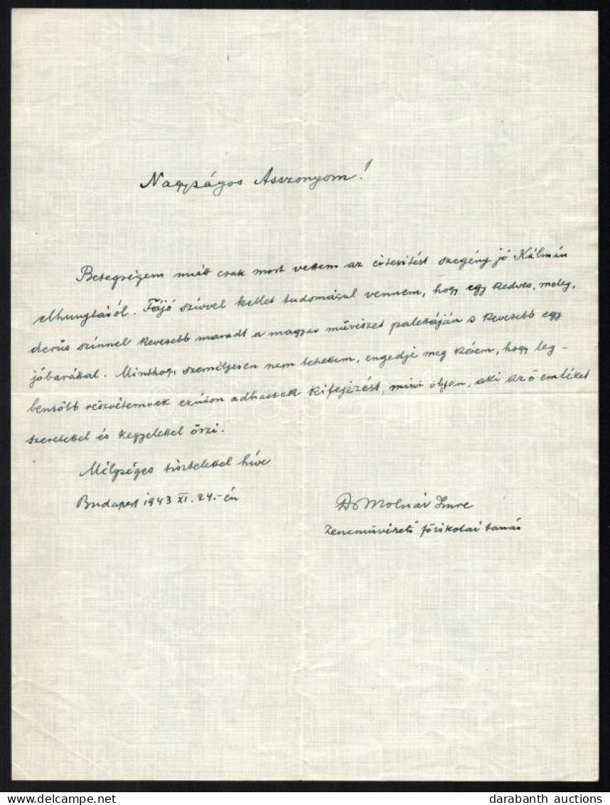 1943 Molnár Imre (1888-1977) Zenetudós, Zenekritikus, énekpedagógus, Fonetikai Kutató, Főiskolai Tanár Saját Kézzel írt  - Unclassified