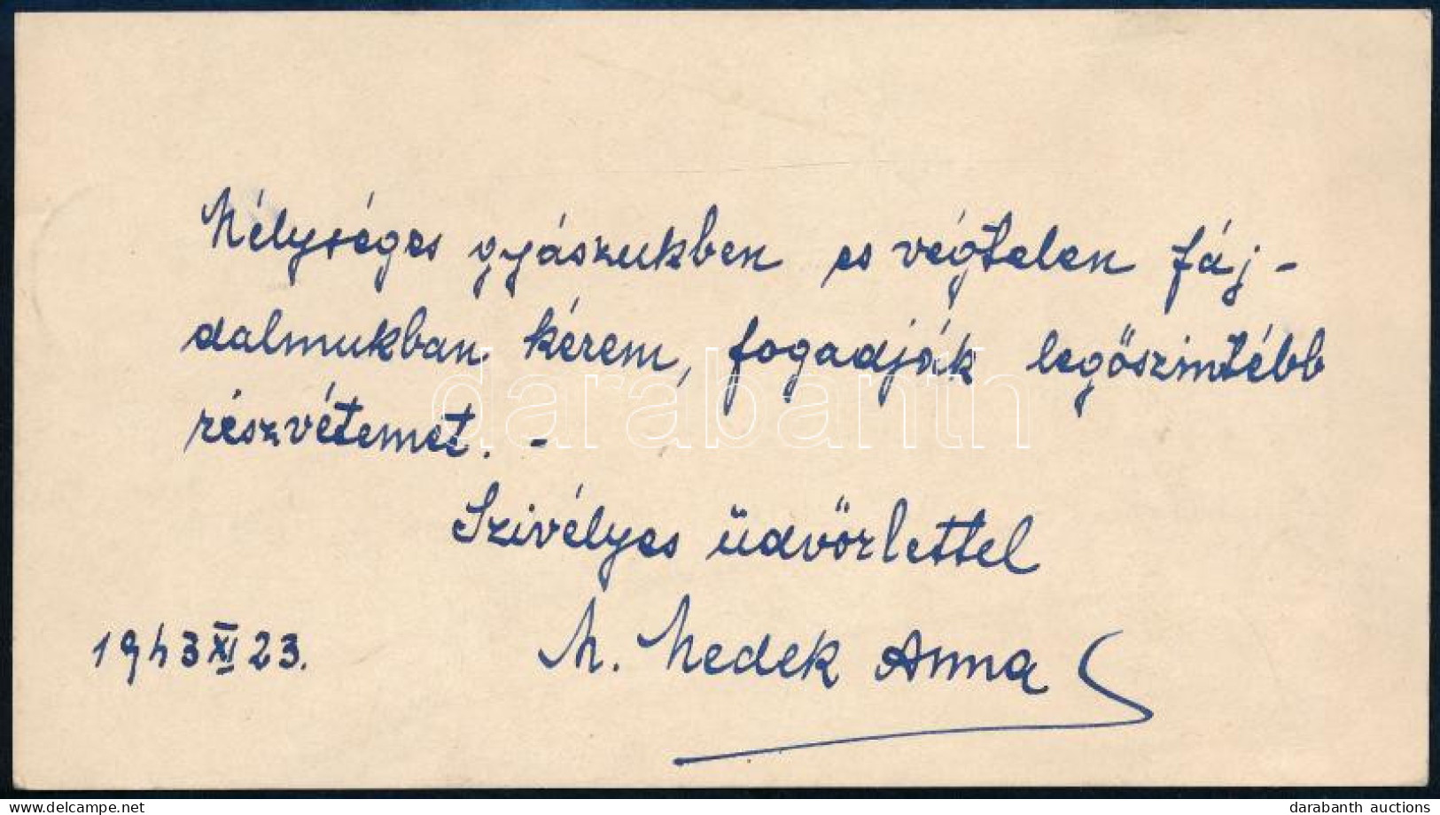 1943 M. Medek Anna (1885-1960) Opera-énekesnő Saját Kézzel írt Részvétnyilvánító Sorai Szügyi Kálmán (1888-1943) Operaén - Ohne Zuordnung