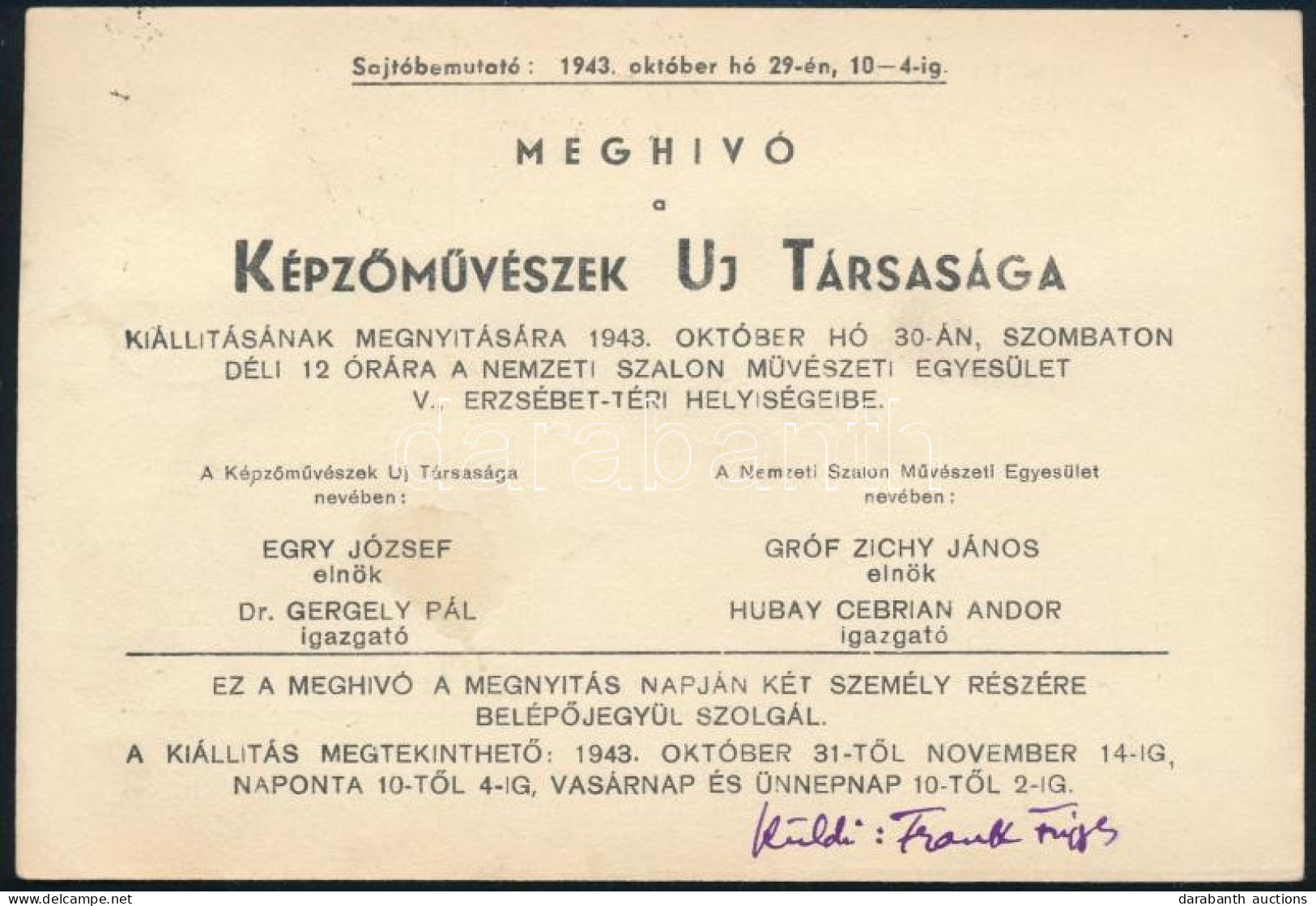 1943 Meghívó A Képzőművészek Új Társasága (KUT) Nemzeti Szalonbeli Kiállítására, Frank Frigyes (1890-1976) Festőművész E - Otros & Sin Clasificación