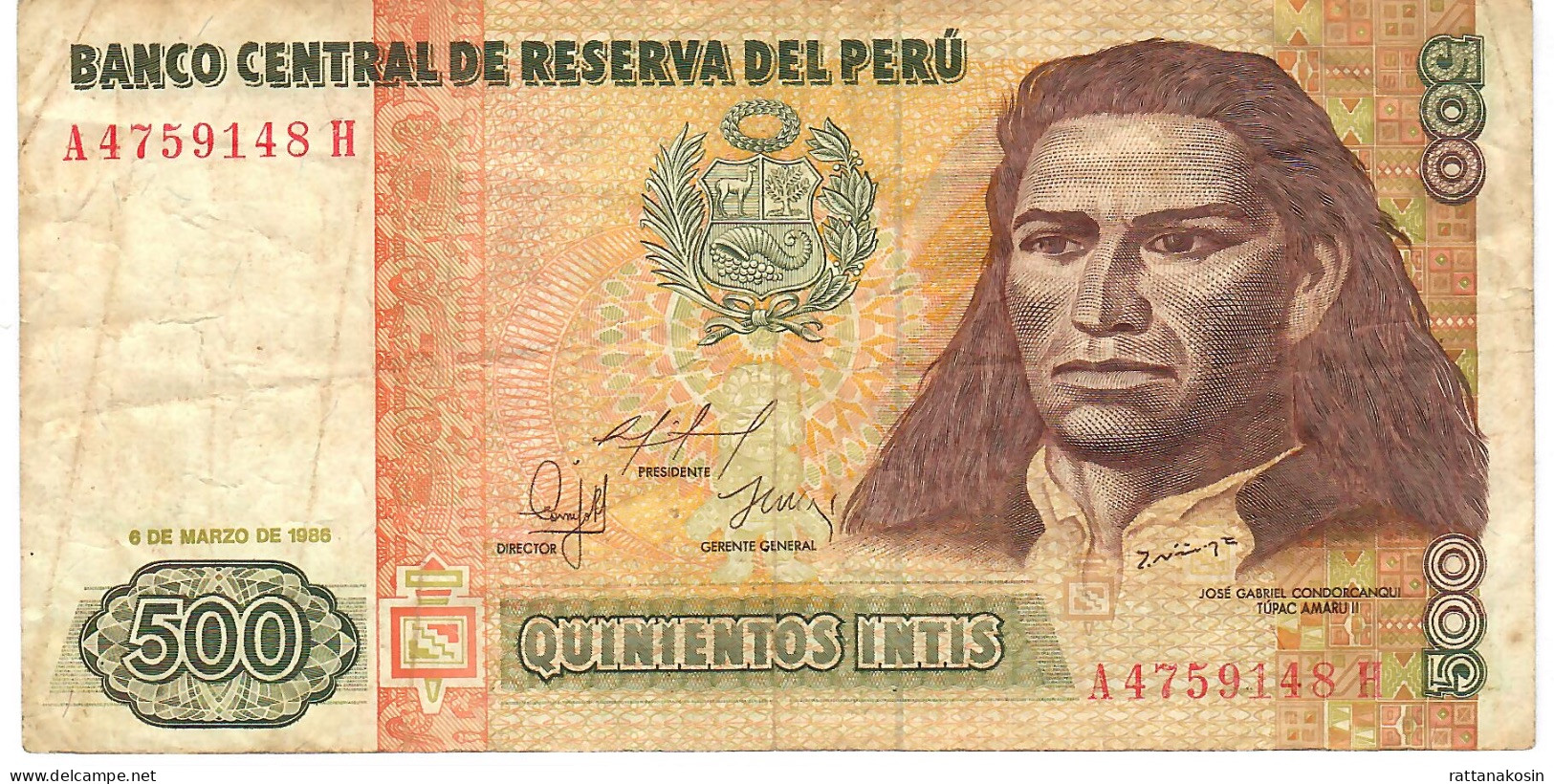 PERU P135 500 INTIS 6.3.1986  #A/H FINE - Pérou