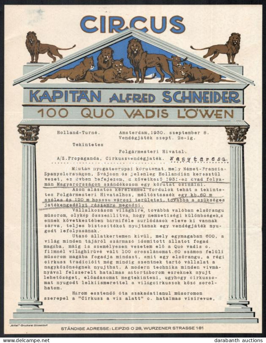 1930 Az Alfred Schneider Cirkusz Bemutatkozó Körlevele és Reklám Nyomtatványa Magyarországi Körútja Előtt - Publicidad