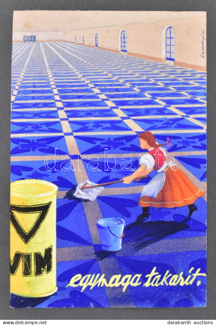 Ladányi József, Működött A XX. Sz. Közepén: VIM, Egymaga Takarít (plakát- Vagy Reklámterv), 1940-es évek. Tempera, Papír - Advertising