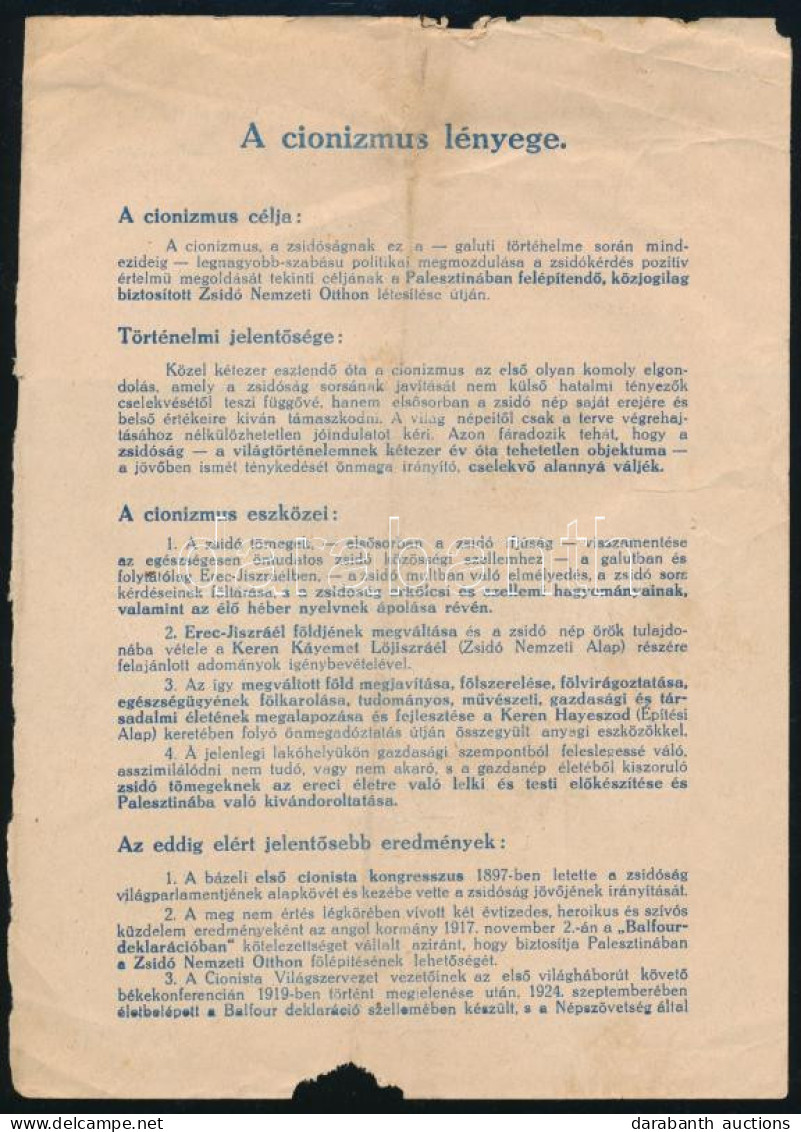 Cca 1945 A Cionizmus Lényege Röplap Letépett Támogatói Jegyekkel 4 P - Sonstige & Ohne Zuordnung